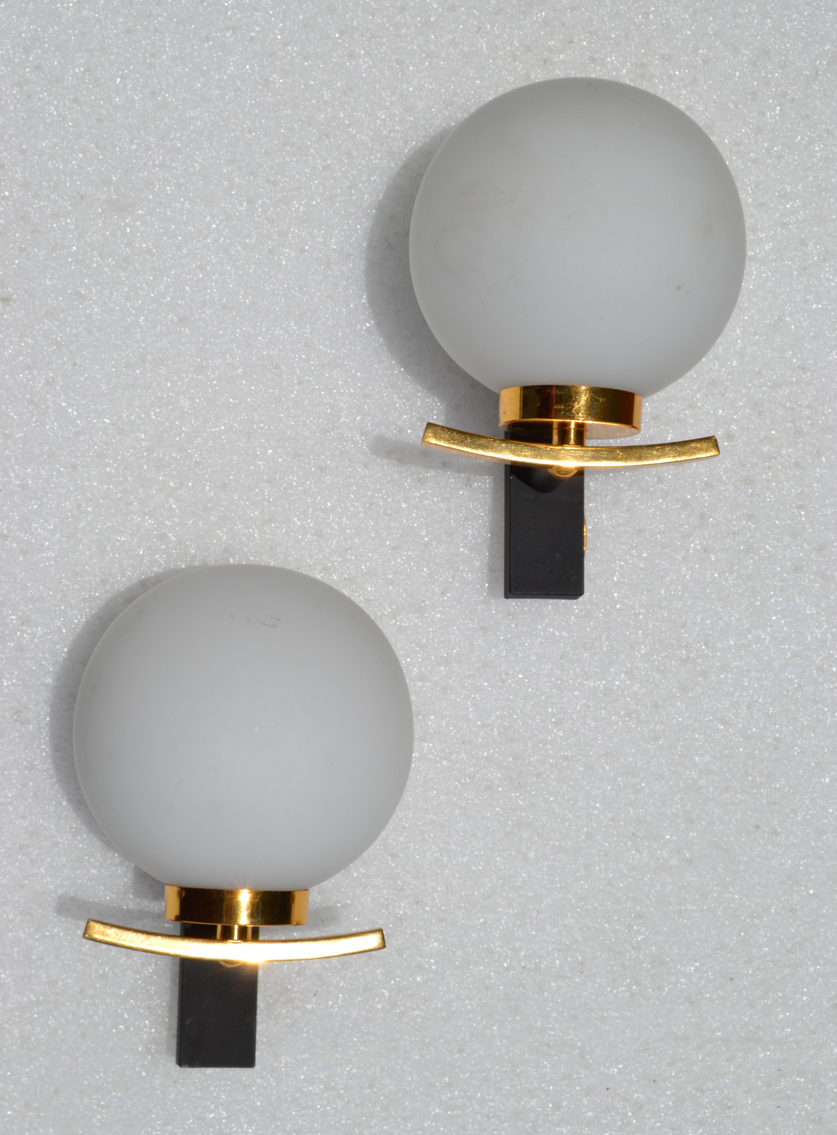 Polished Maison Lancel Pair of Sconces Brass Steel & Round Opaline Glass Shade France  For Sale