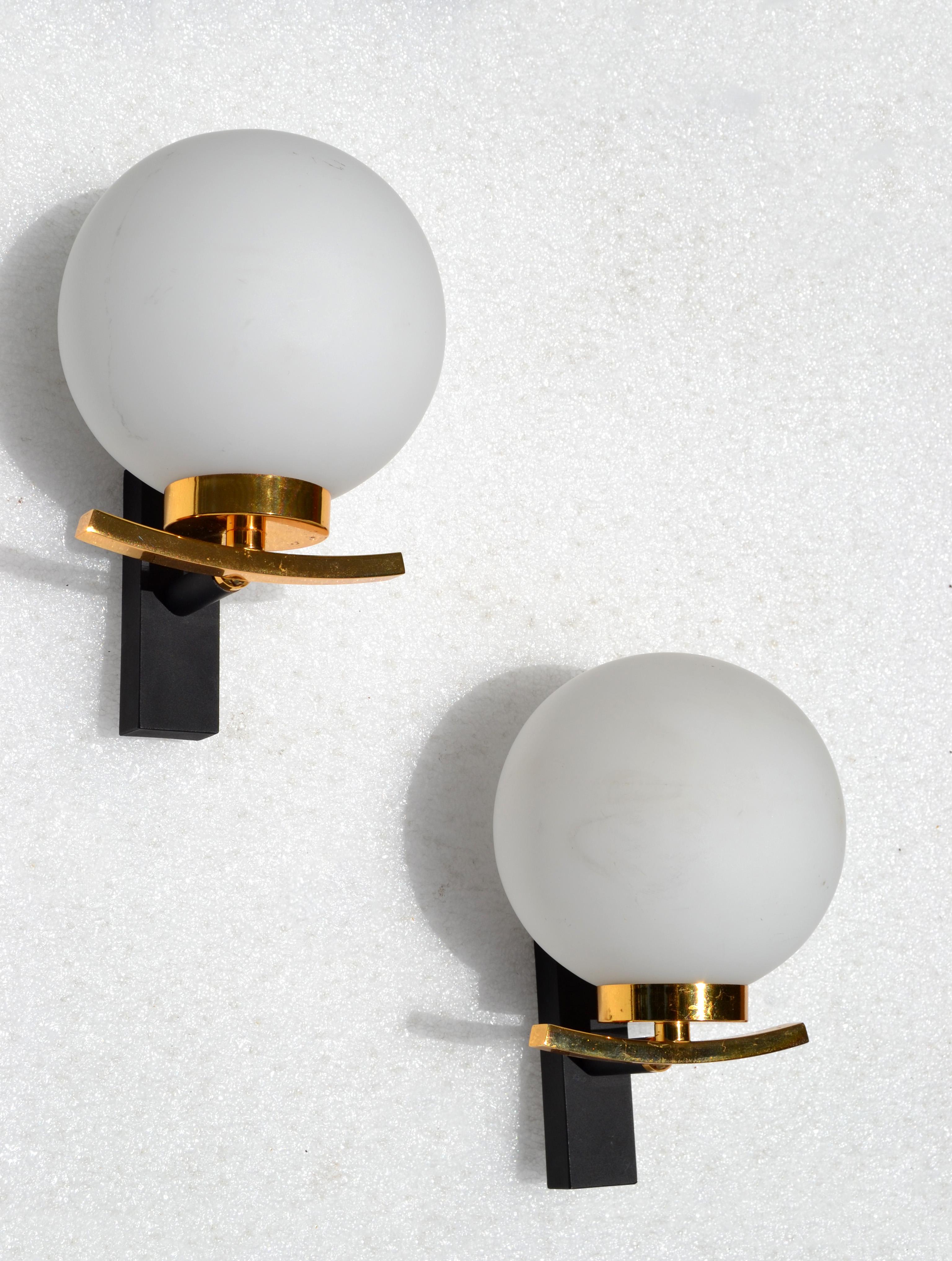 Maison Lancel Pair of Sconces Brass Steel & Round Opaline Glass Shade France  In Good Condition For Sale In Miami, FL