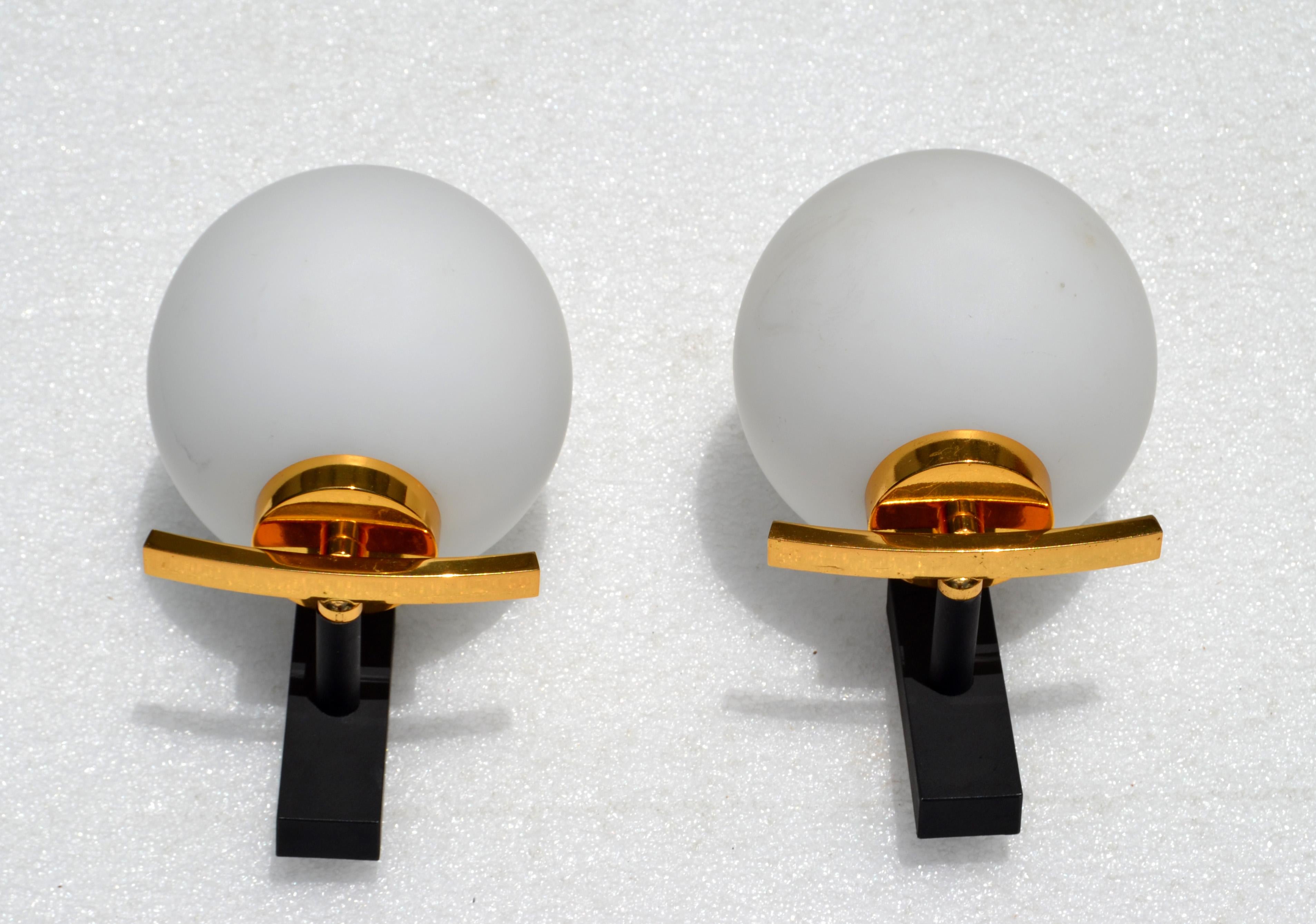 Maison Lancel Pair of Sconces Brass Steel & Round Opaline Glass Shade France  For Sale 1