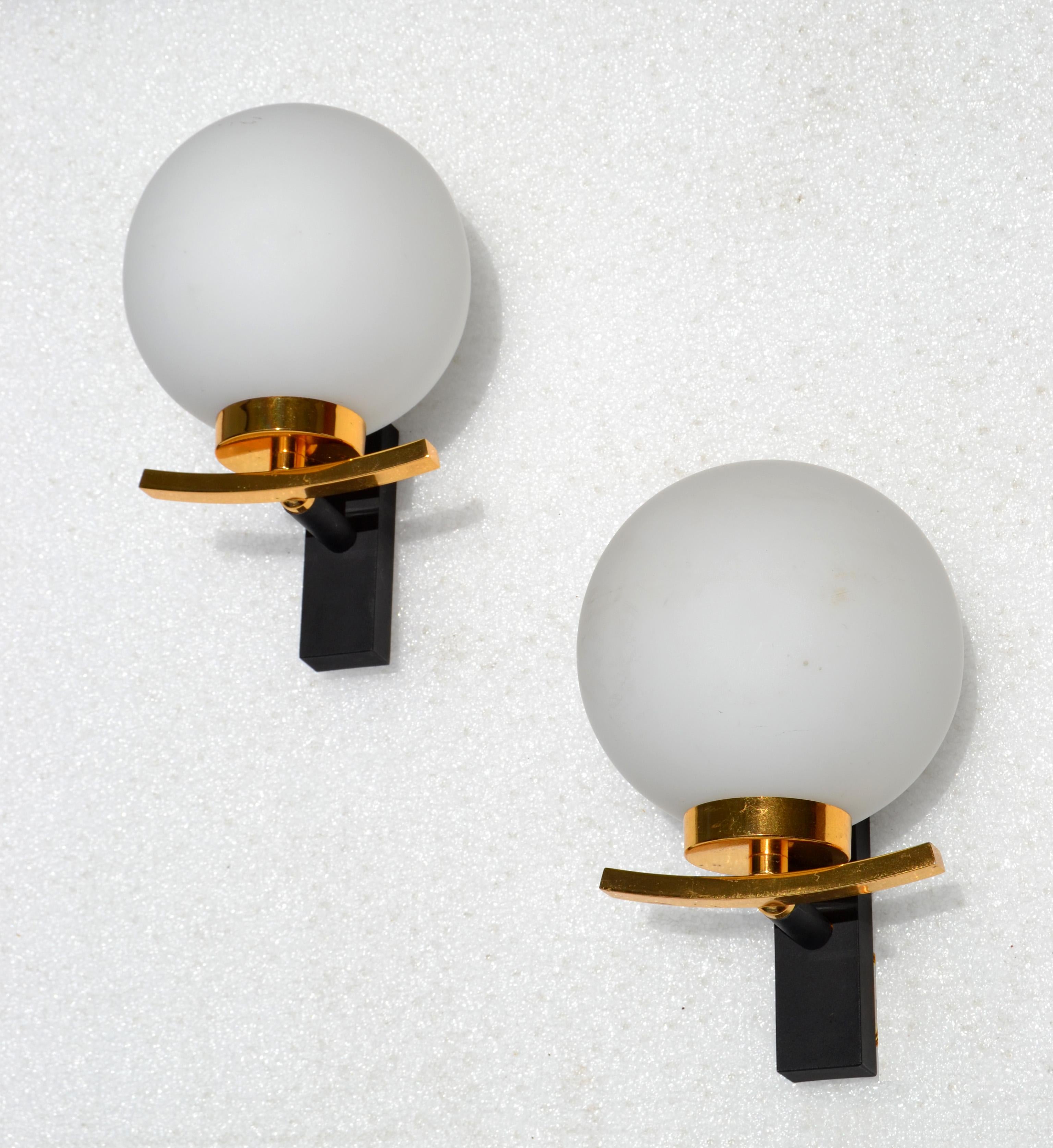 Maison Lancel Pair of Sconces Brass Steel & Round Opaline Glass Shade France  For Sale 2
