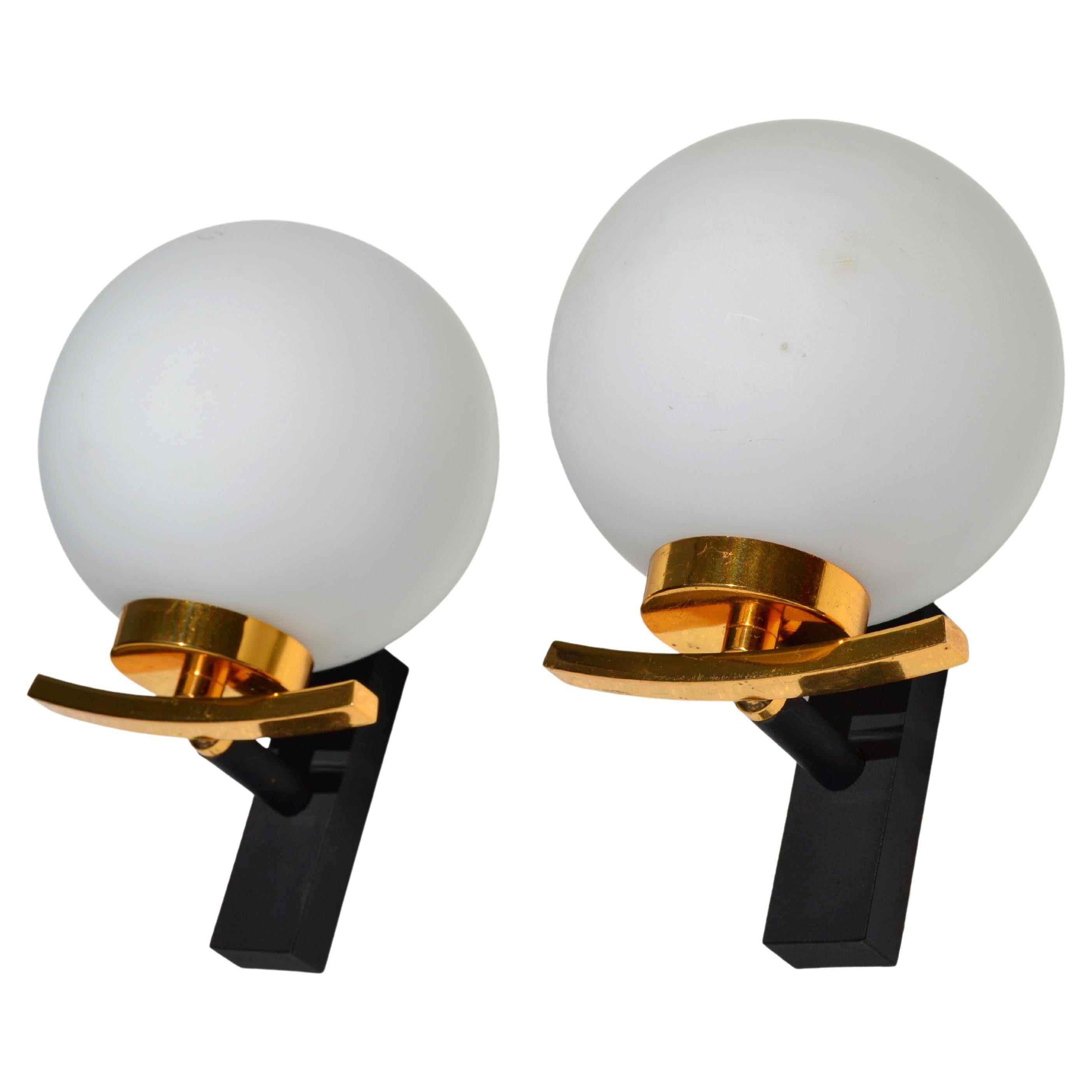 Maison Lancel Pair of Sconces Brass Steel & Round Opaline Glass Shade France  For Sale