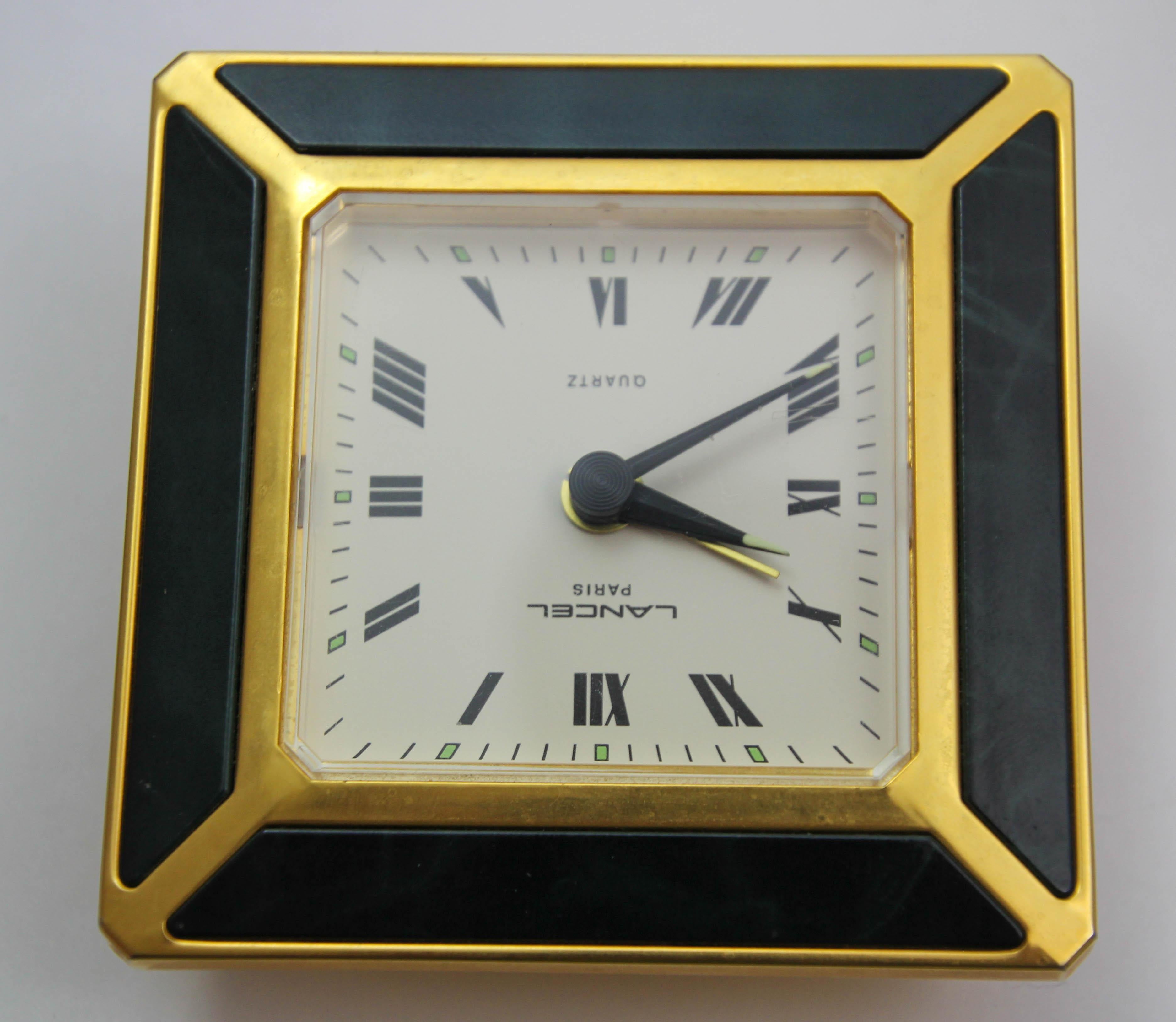 Maison Lancel Paris Desk Clock Gold and Irish Green Enamel Travel Alarm Clock For Sale 6