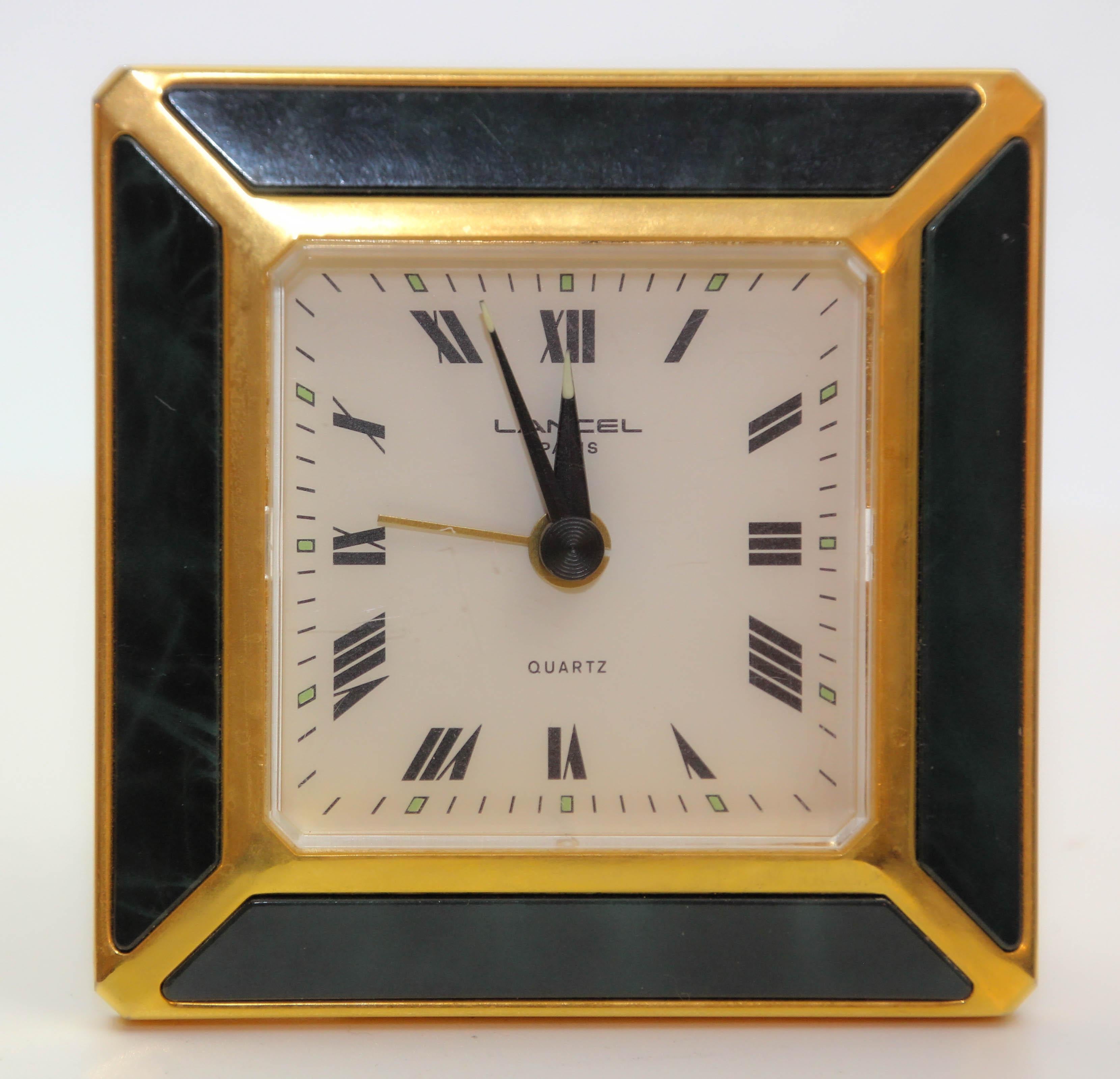 Beige Maison Lancel Paris Desk Clock Gold and Irish Green Enamel Travel Alarm Clock For Sale
