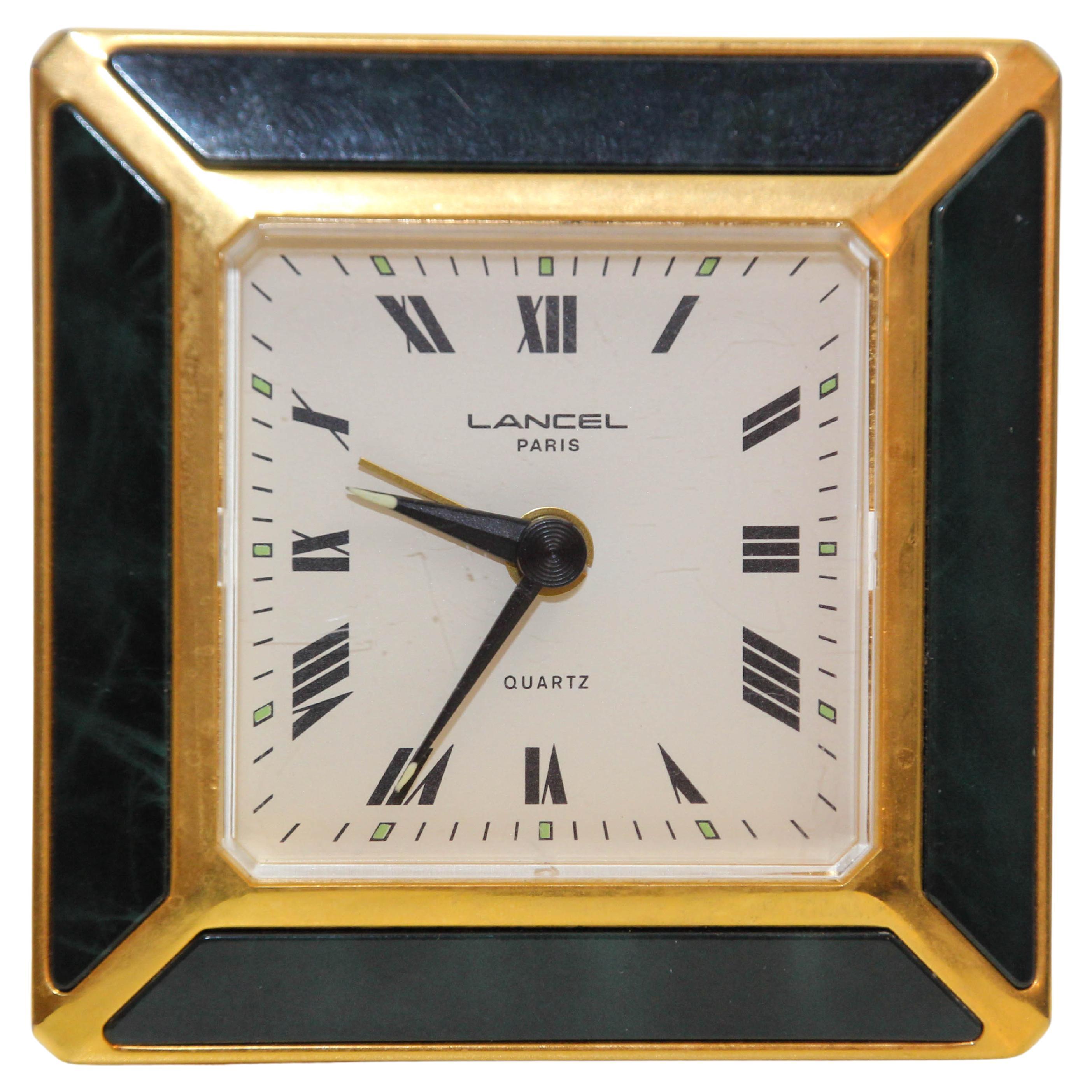 Maison Lancel Paris Desk Clock Gold and Irish Green Enamel Travel Alarm Clock For Sale