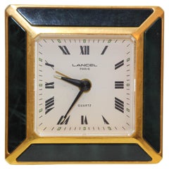 Vintage Maison Lancel Paris Desk Clock Gold and Irish Green Enamel Travel Alarm Clock