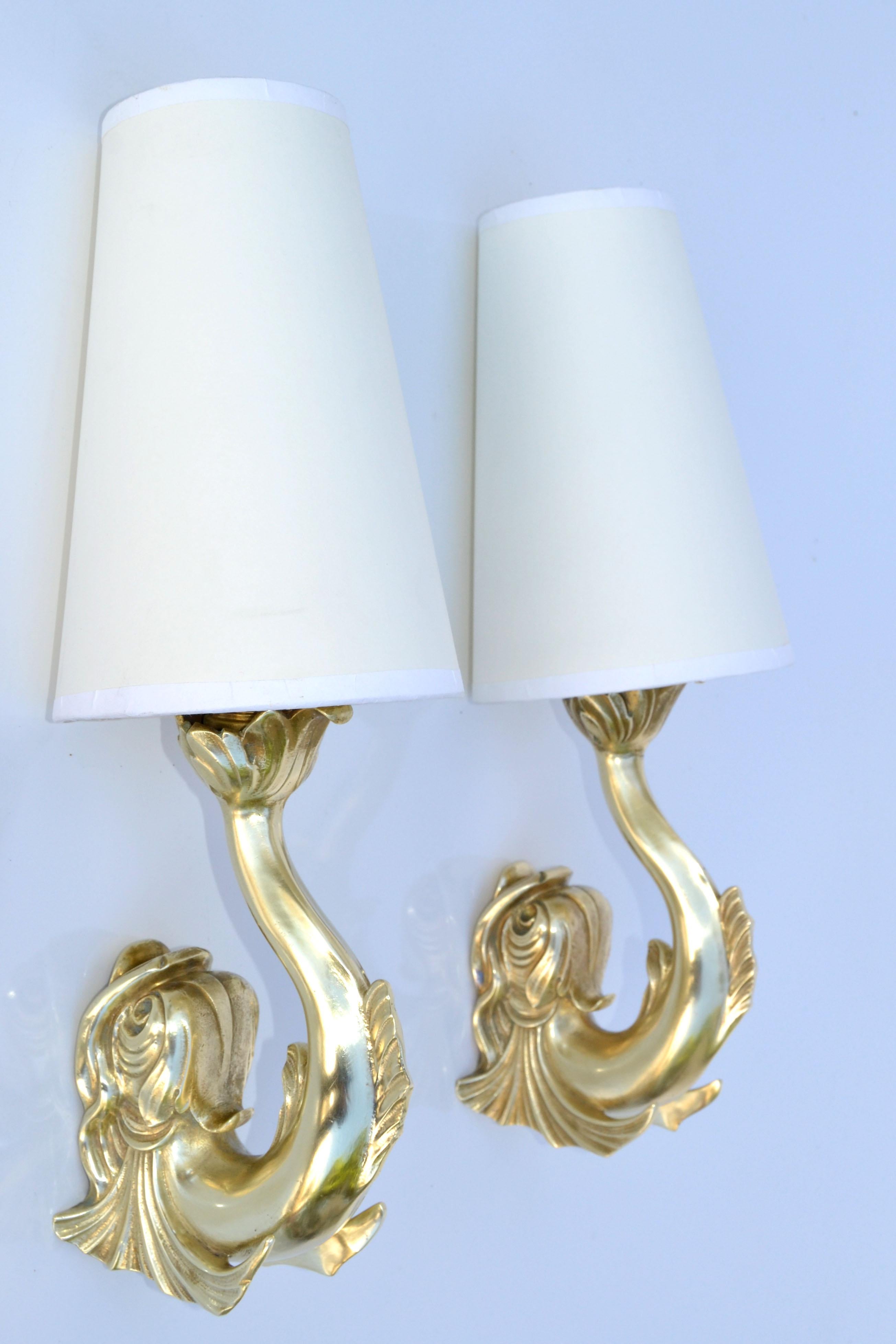 French Maison Lancel Polished Bronze Koi Fish Sconces Creme Cone Shade France 1950-Pair For Sale