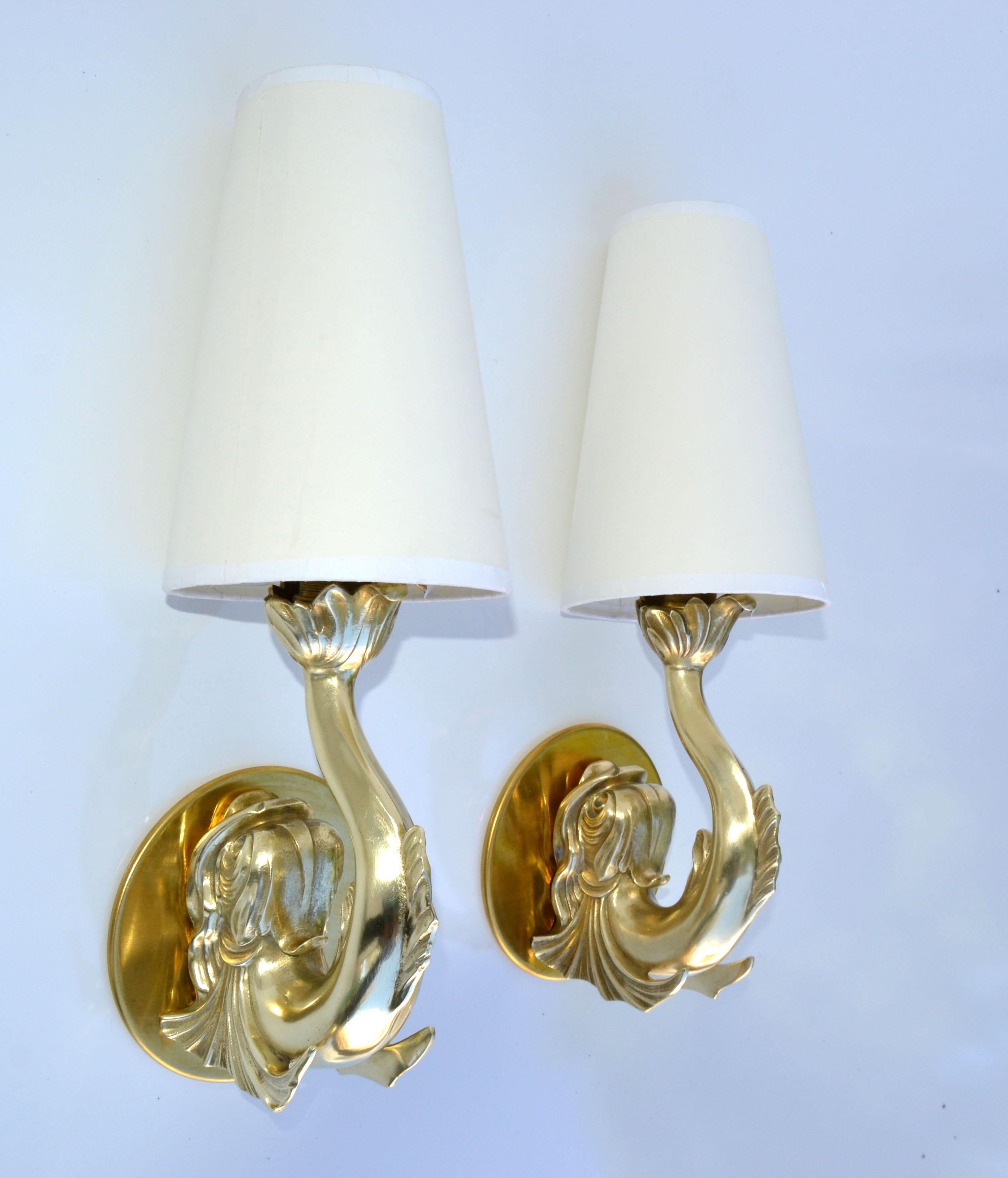 Maison Lancel Polished Bronze Koi Fish Sconces Creme Cone Shade France 1950-Pair In Good Condition For Sale In Miami, FL