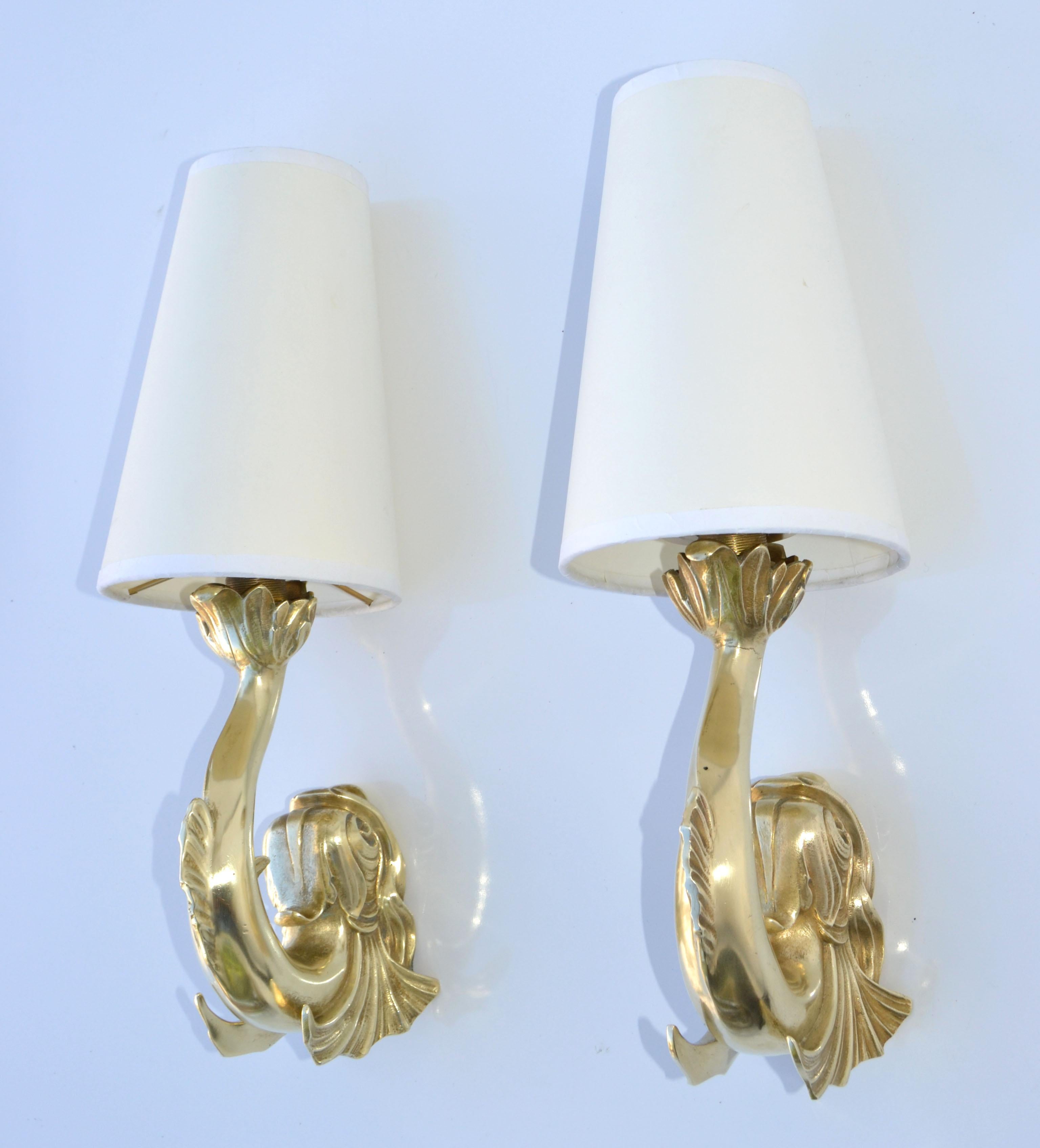 20th Century Maison Lancel Polished Bronze Koi Fish Sconces Creme Cone Shade France 1950-Pair For Sale