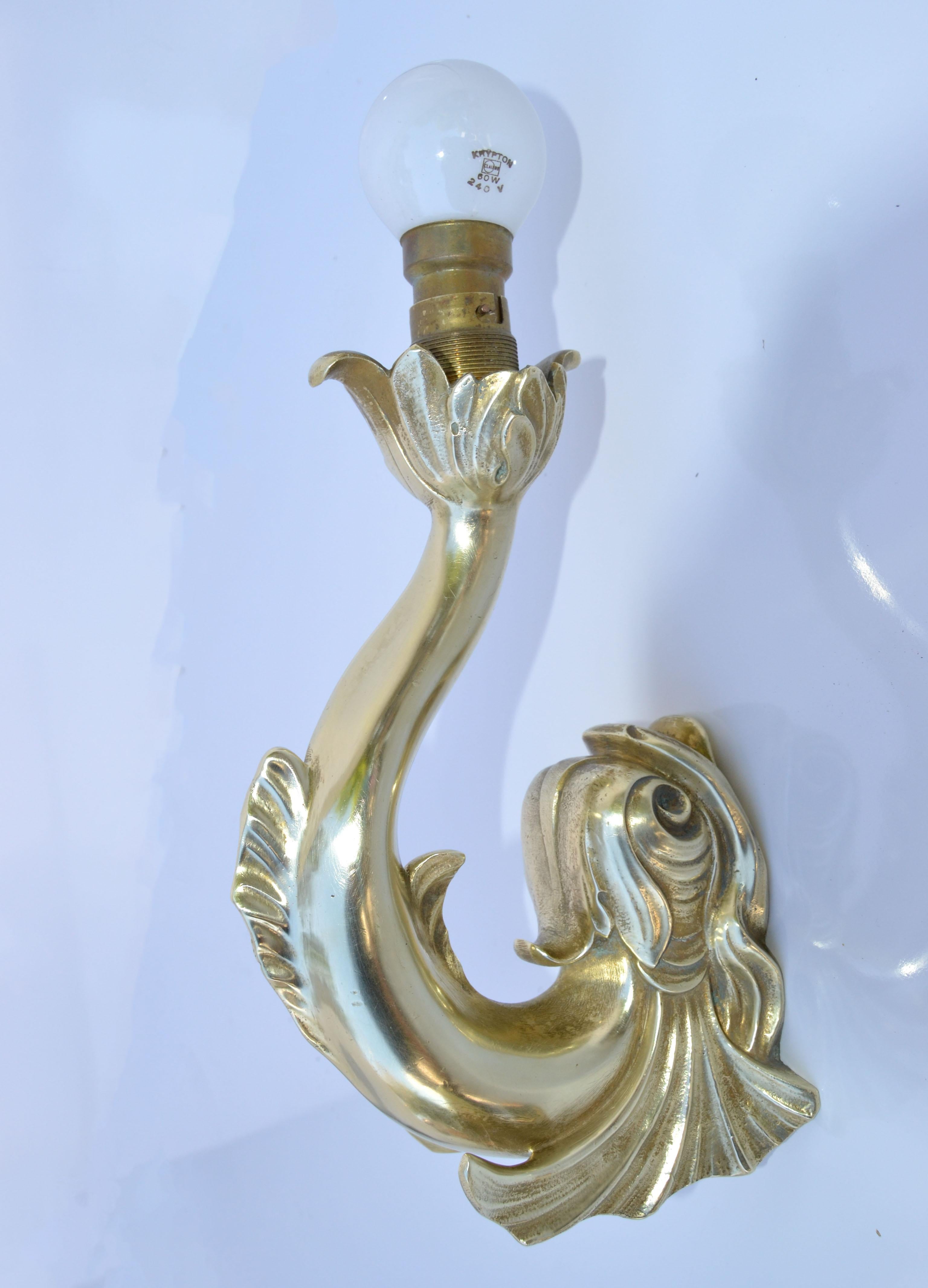 Maison Lancel Polished Bronze Koi Fish Sconces Creme Cone Shade France 1950-Pair For Sale 1