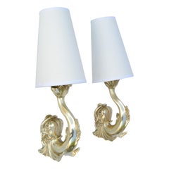Maison Lancel Polished Bronze Koi Fish Sconces Creme Cone Shade France 1950-Pair