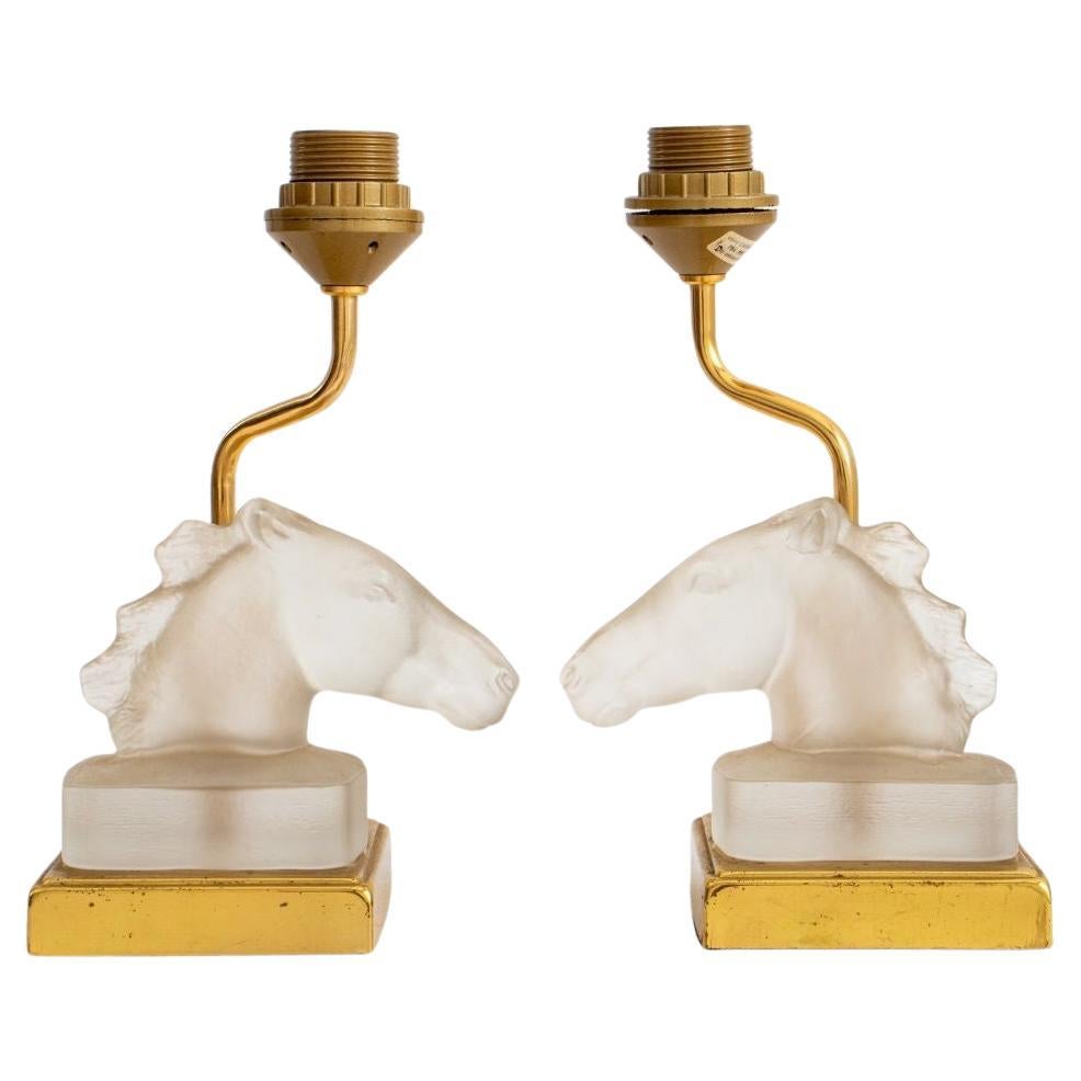 Maison Le Dauphin Glass & Bronze Horse Lamps, 2 For Sale