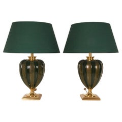 Vintage French Ceramic Lamps by Le Dauphin Empire Gold Green Table Lamps a Pair