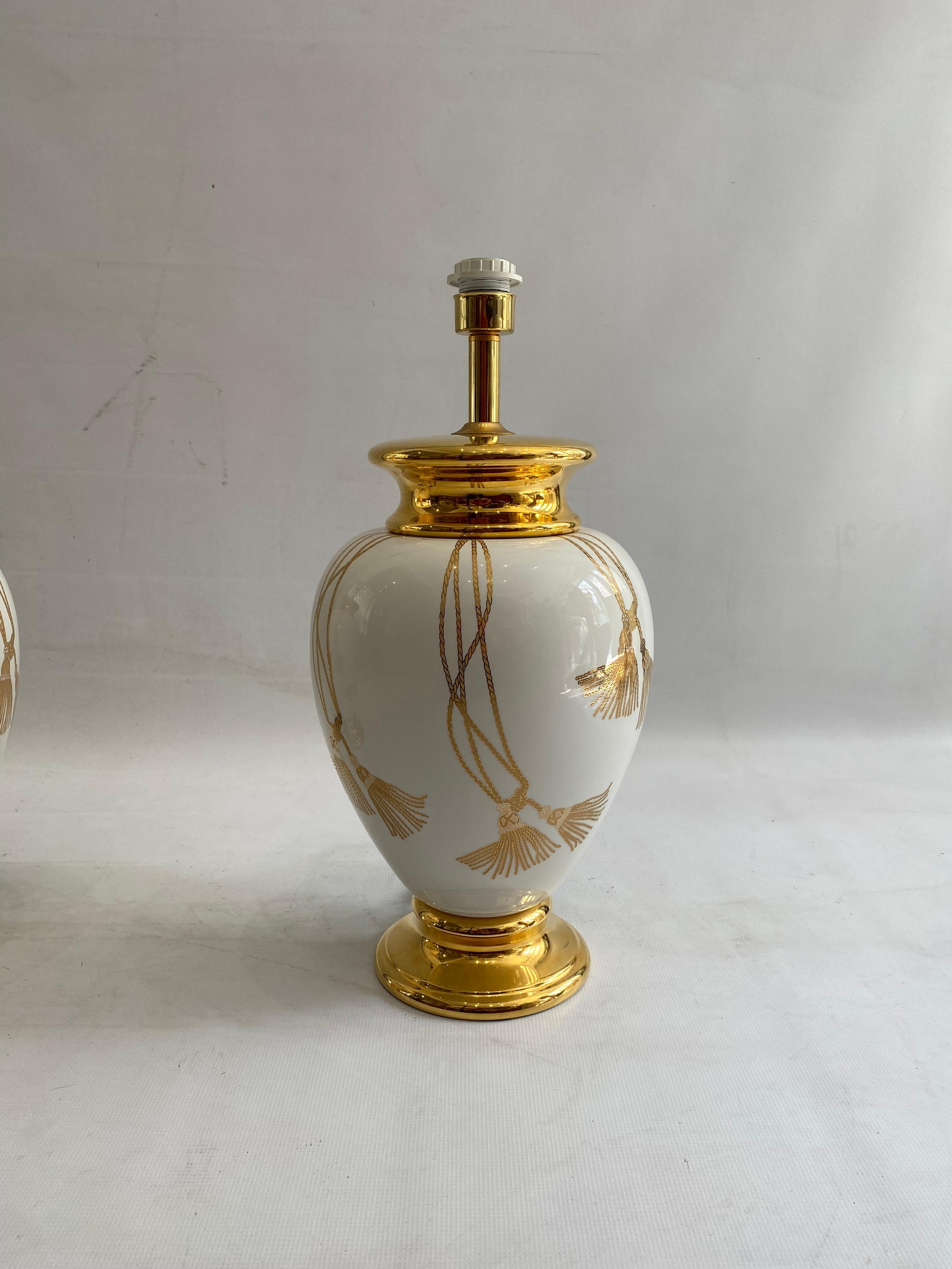 Maison Le Dauphin XL Ceramic Gold Table Lamps 1990s Hollywood Regency France For Sale 5