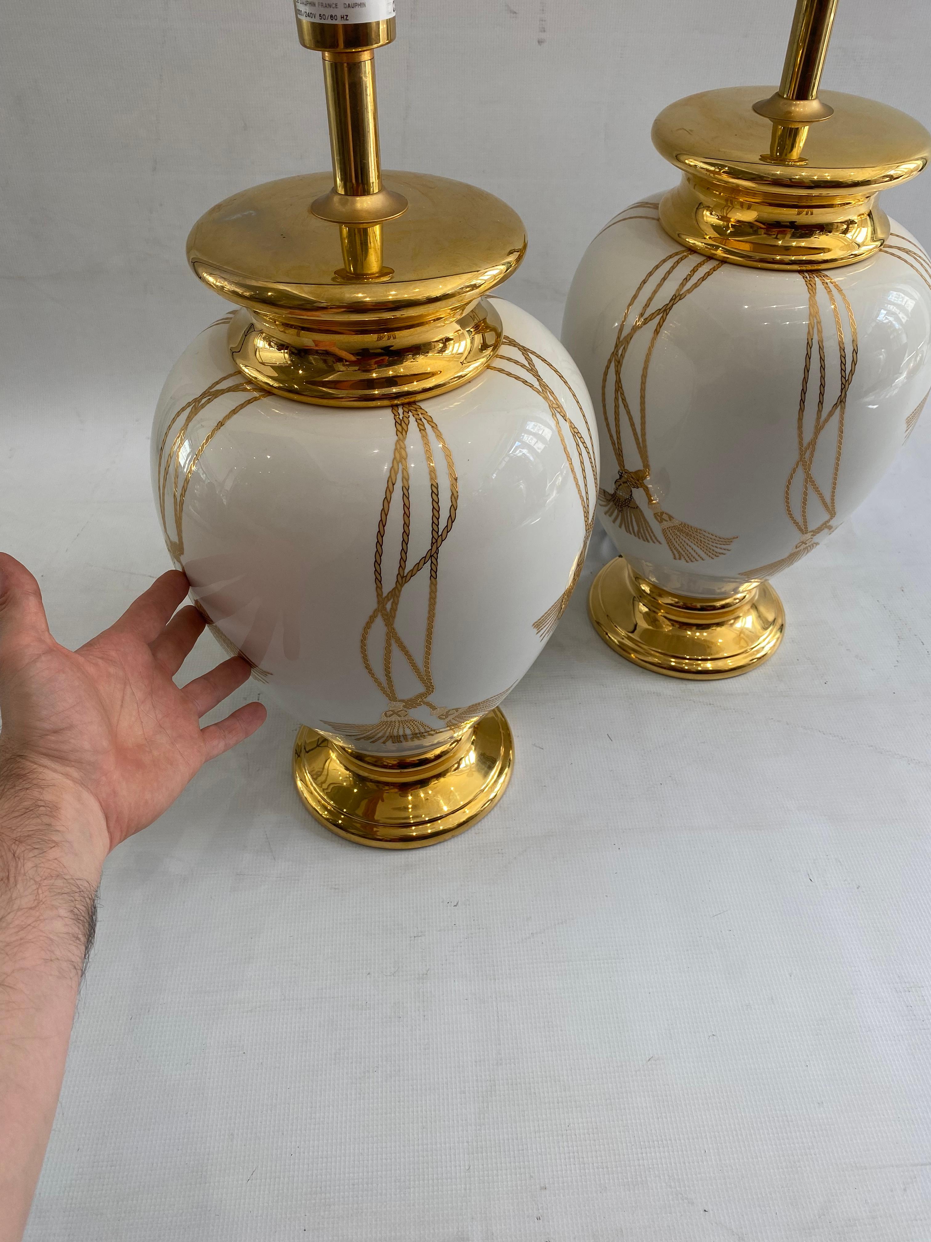 Maison Le Dauphin XL Ceramic Gold Table Lamps 1990s Hollywood Regency France For Sale 9