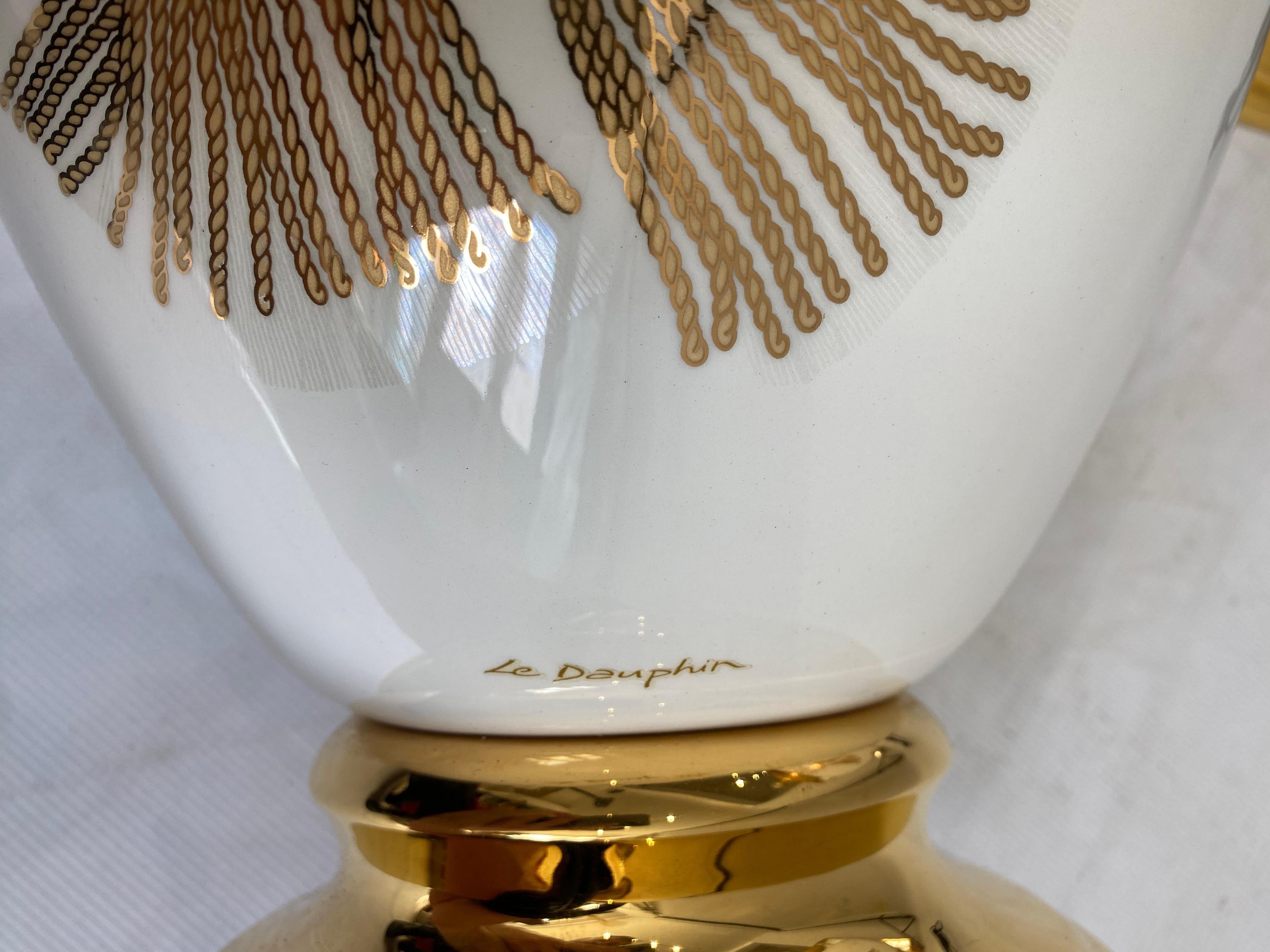 Maison Le Dauphin XL Ceramic Gold Table Lamps 1990s Hollywood Regency France For Sale 11