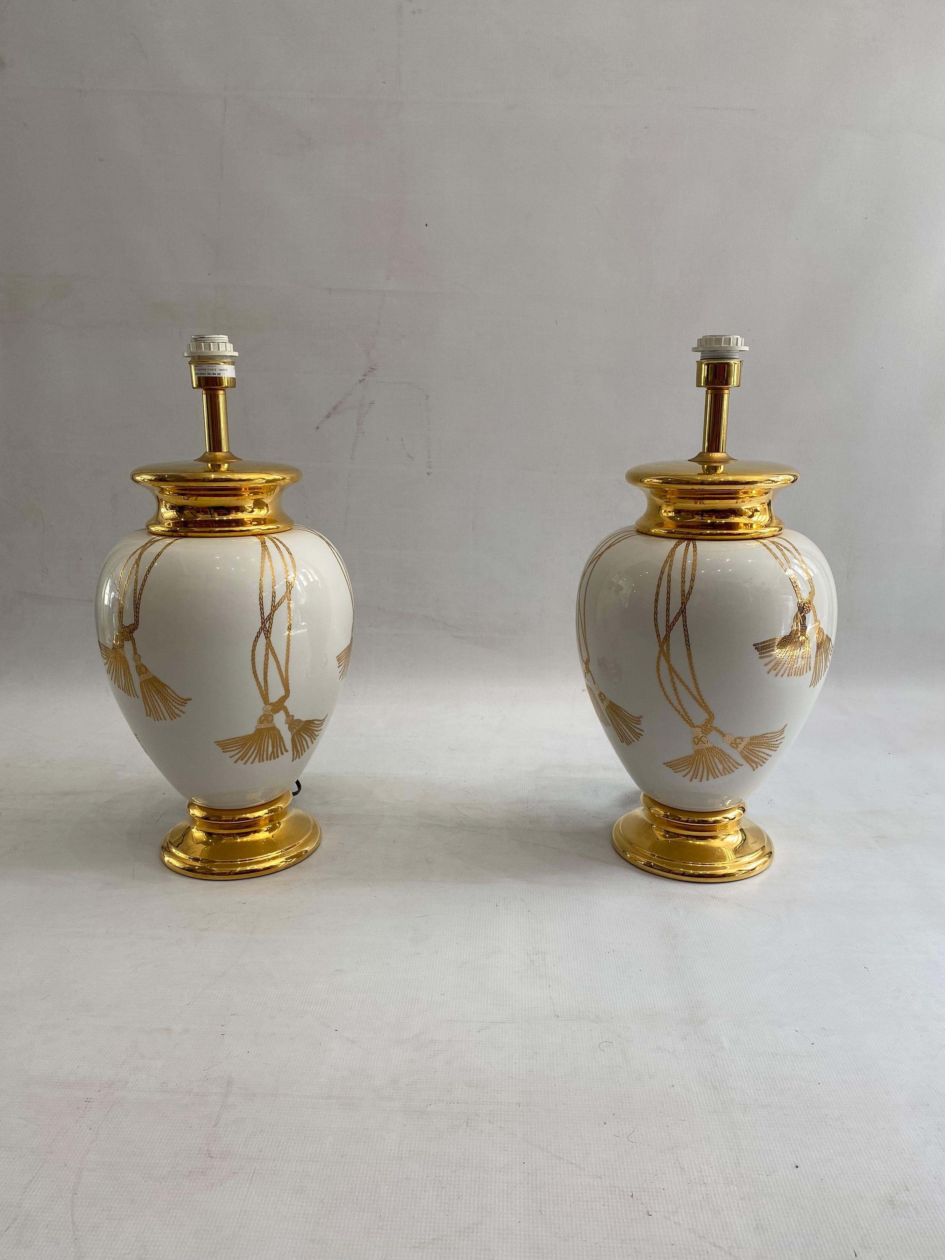 French Maison Le Dauphin XL Ceramic Gold Table Lamps 1990s Hollywood Regency France For Sale