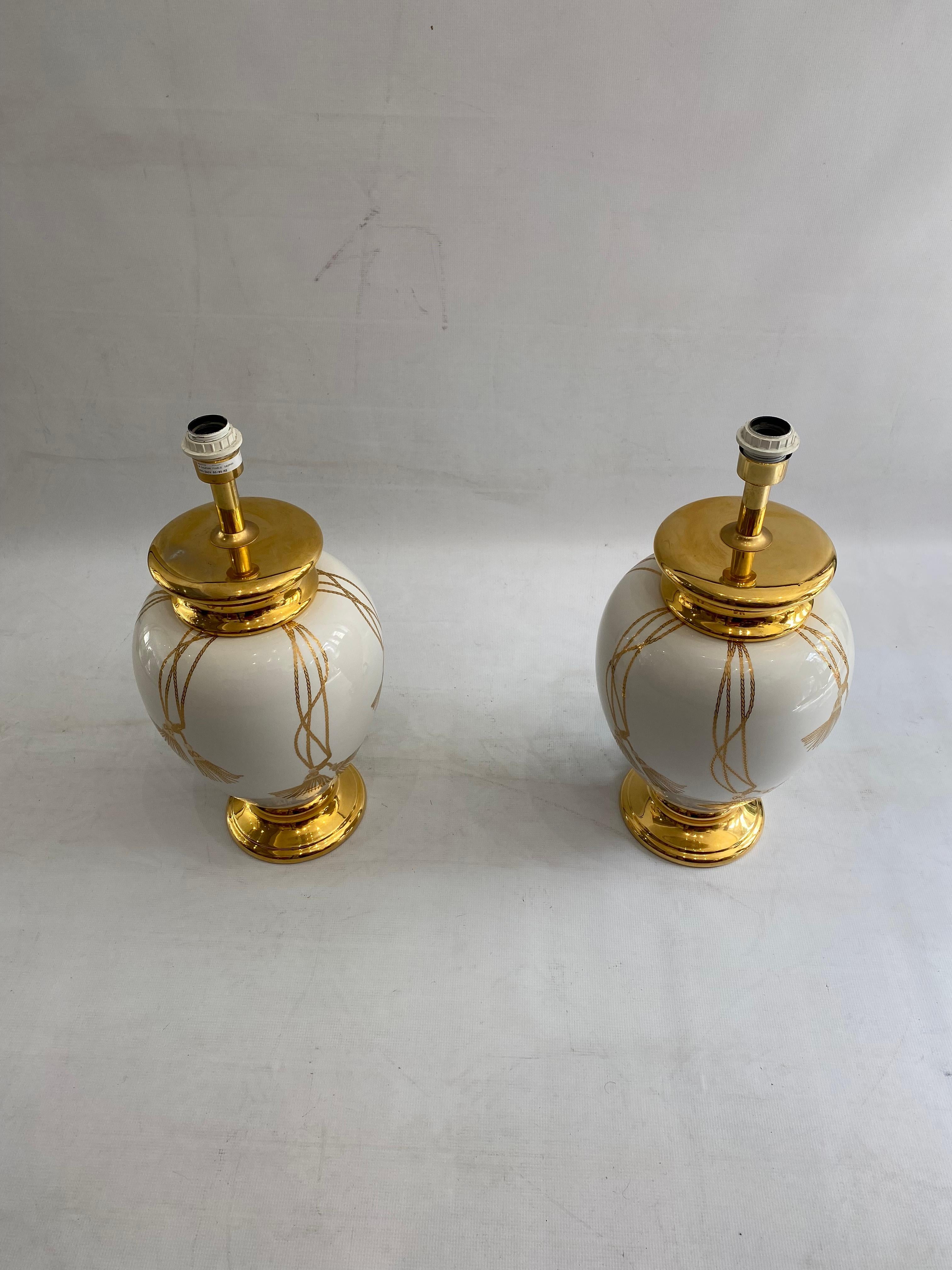Maison Le Dauphin XL Ceramic Gold Table Lamps 1990s Hollywood Regency France In Good Condition For Sale In London, GB