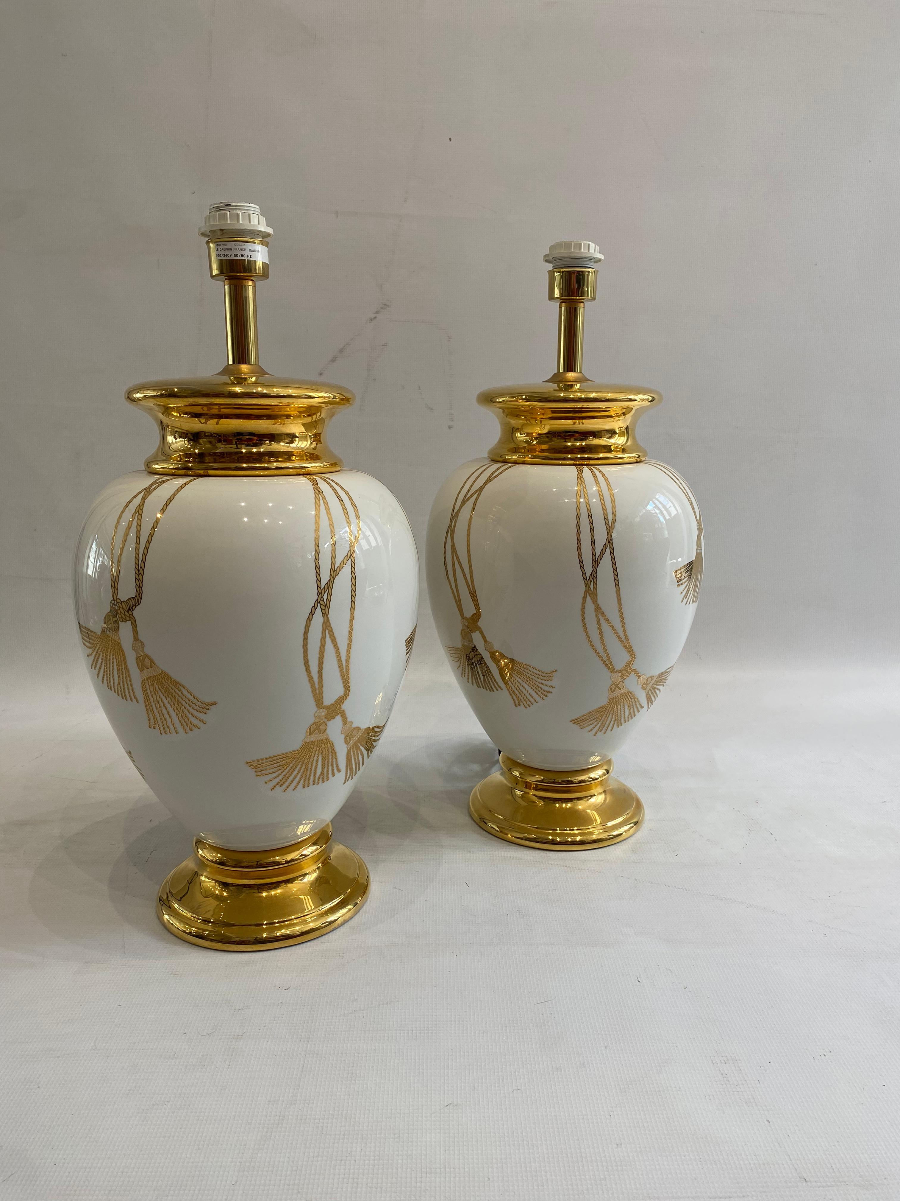 Late 20th Century Maison Le Dauphin XL Ceramic Gold Table Lamps 1990s Hollywood Regency France For Sale