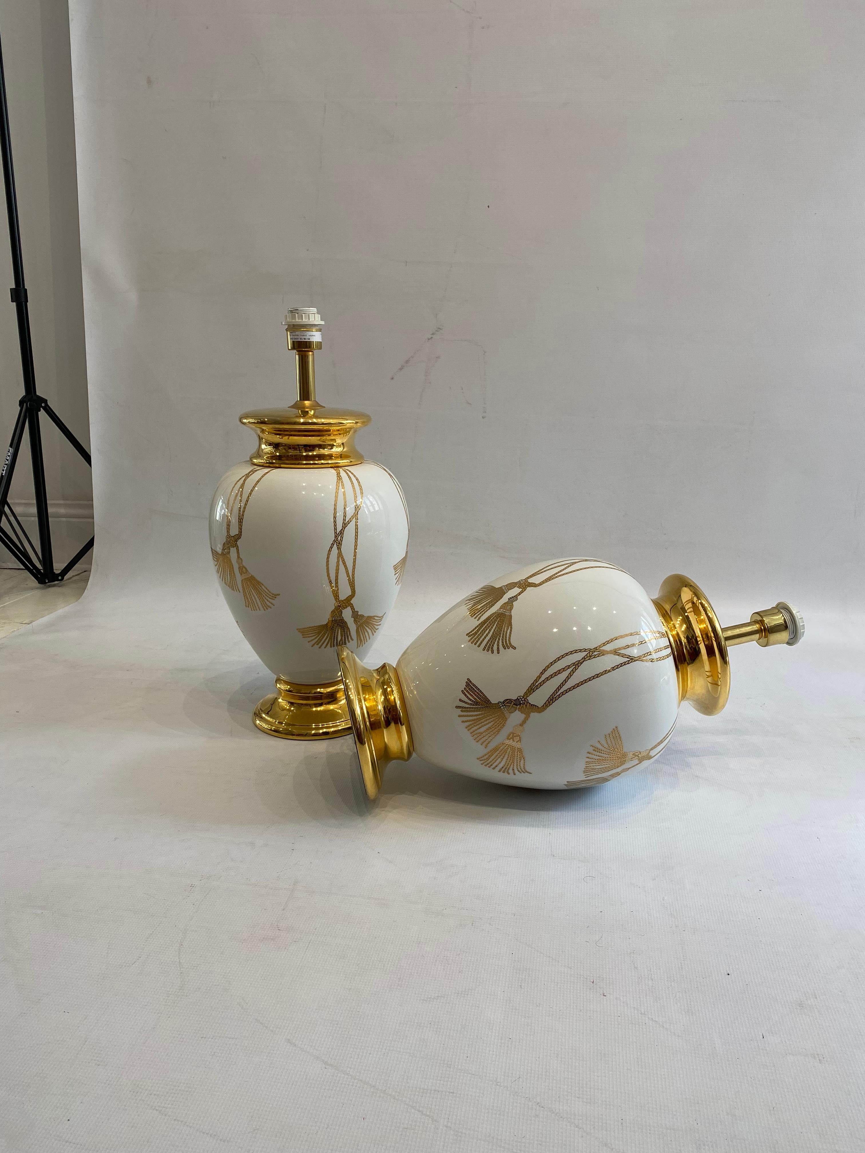 Brass Maison Le Dauphin XL Ceramic Gold Table Lamps 1990s Hollywood Regency France For Sale