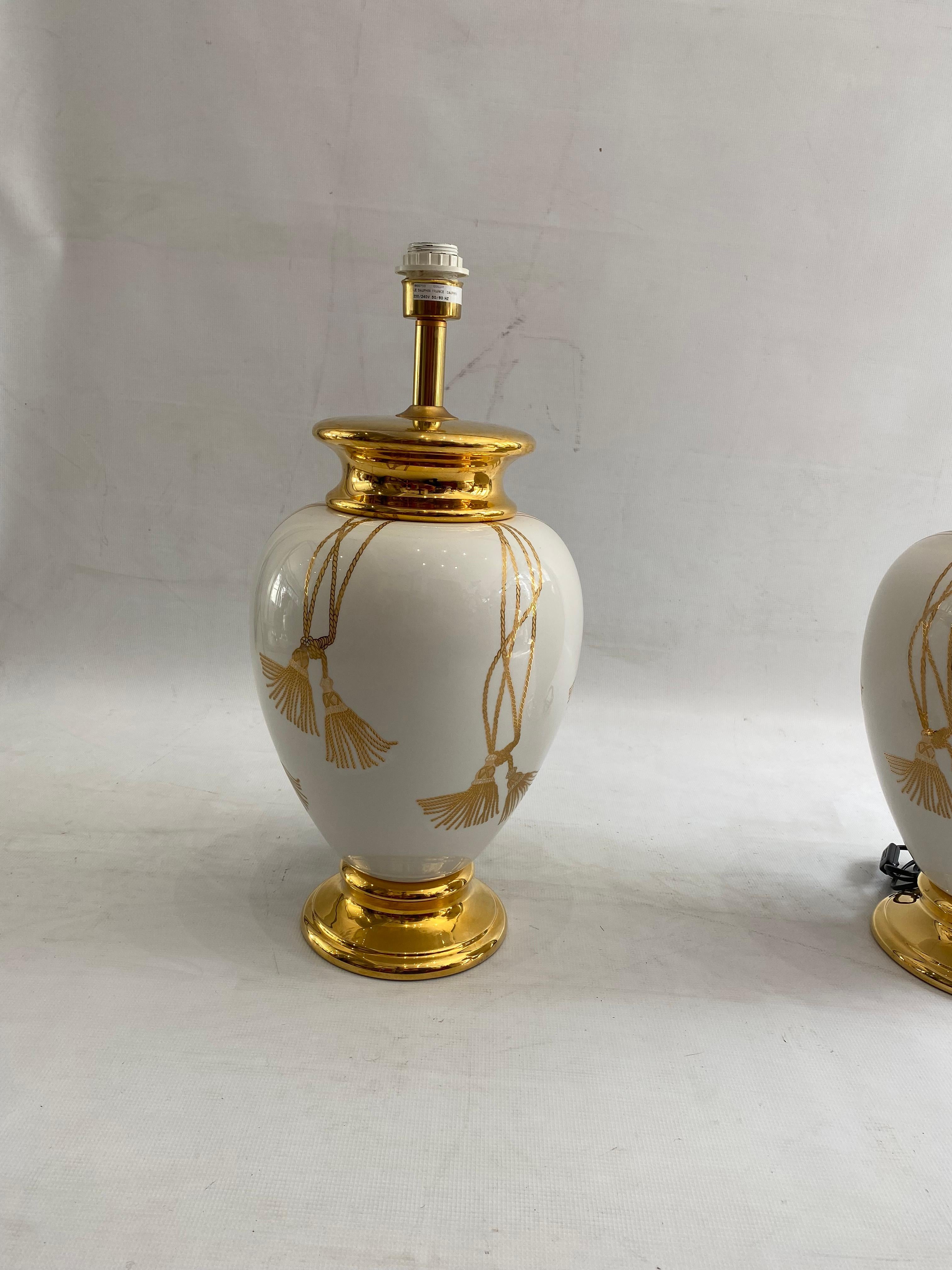 Maison Le Dauphin XL Ceramic Gold Table Lamps 1990s Hollywood Regency France For Sale 1