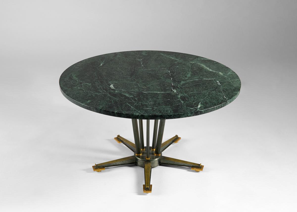 French Maison Leleu, Coffee Table with Round Green Marble Top, France, 1959