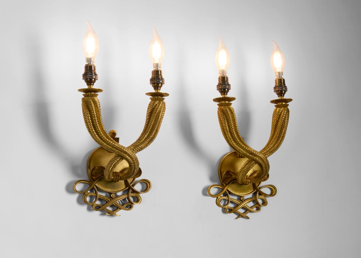 French Maison Leleu, Double Torsade, Pair of Two-Armed Sconces, France, 1950s For Sale