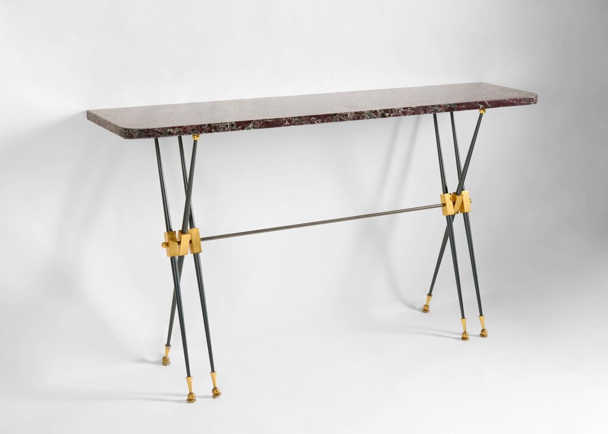 French Maison Leleu, Marble & Bronze Console, France, circa 1961 For Sale