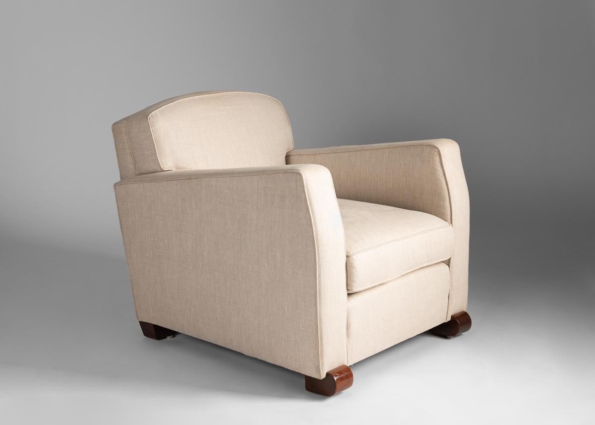 Polished Maison Leleu, Pair of Midcentury, Off-White Club Chairs, France, circa 1946