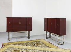 Maison Leleu, Pair of Red Lacquer Cabinets, France, circa 1957