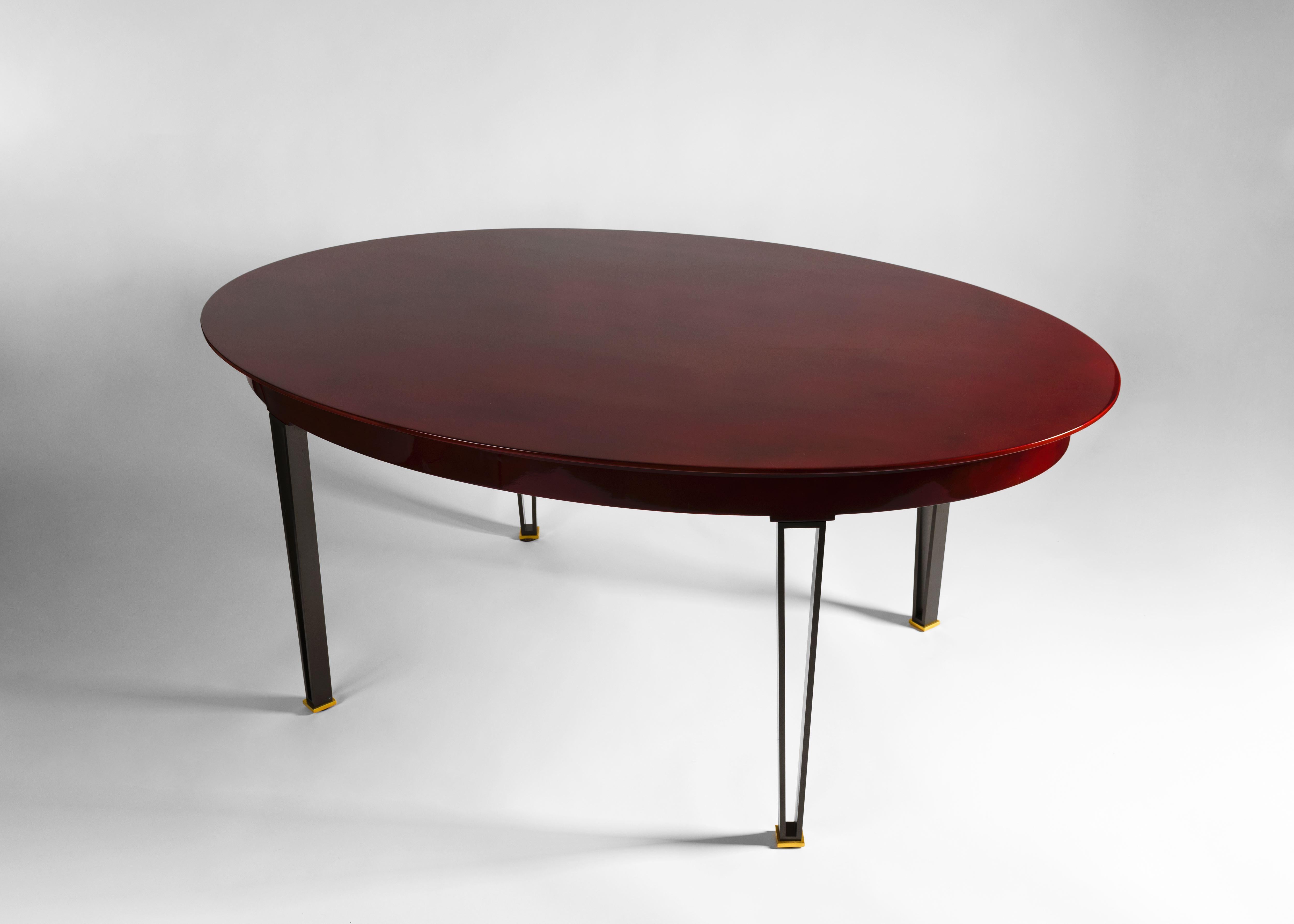 Gilt Maison Leleu, Red Lacquer Dining Table, France, 1957