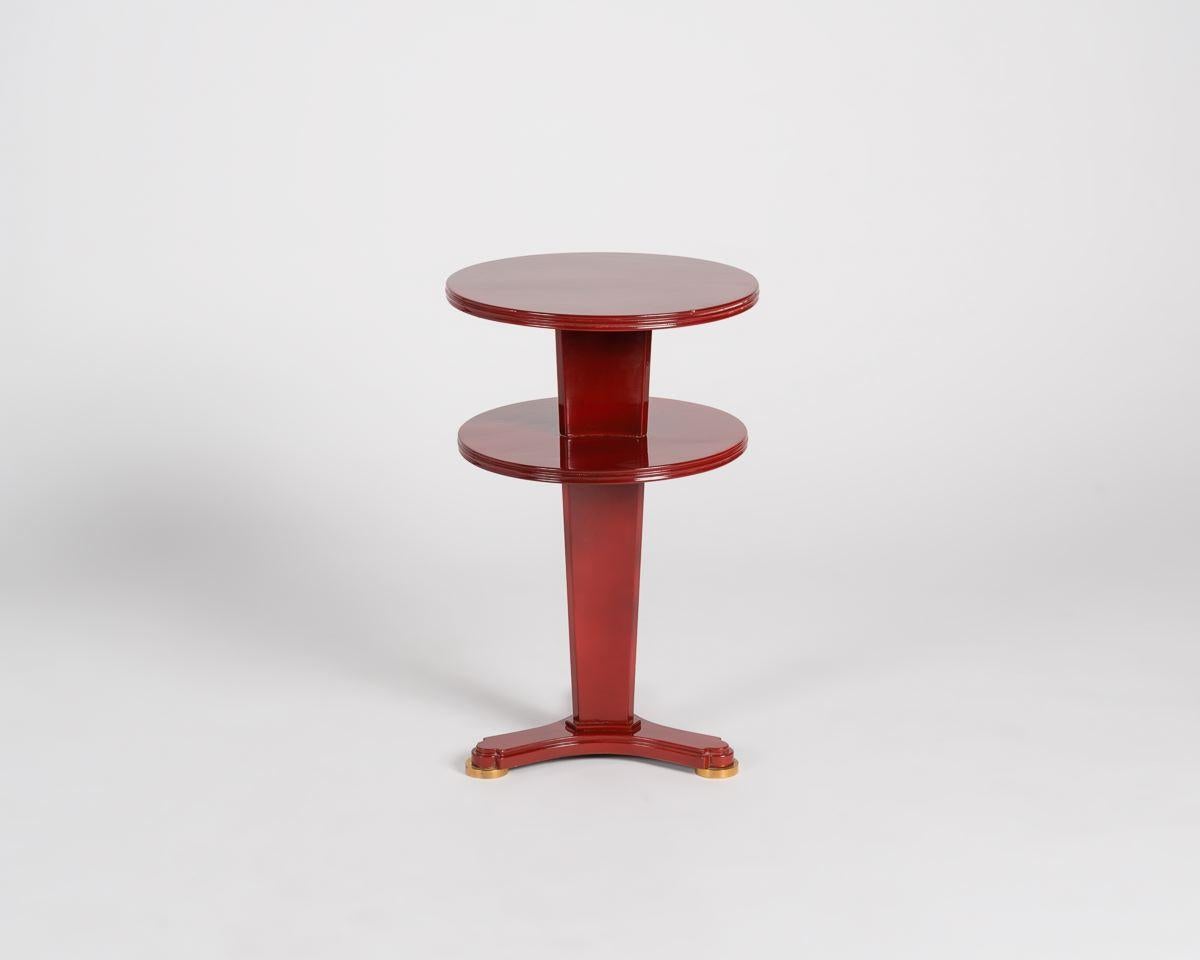 Gilt Maison Leleu Red Lacquered Two-Tier Side Table, France, circa 1955 For Sale