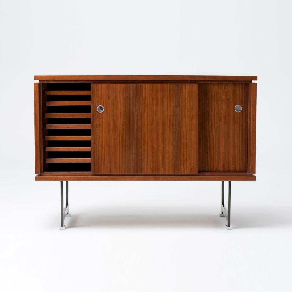 Maison Leleu, Mid-century Walnut Cabinet With Sliding Doors, France, C. 1965 In Good Condition For Sale In New York, NY