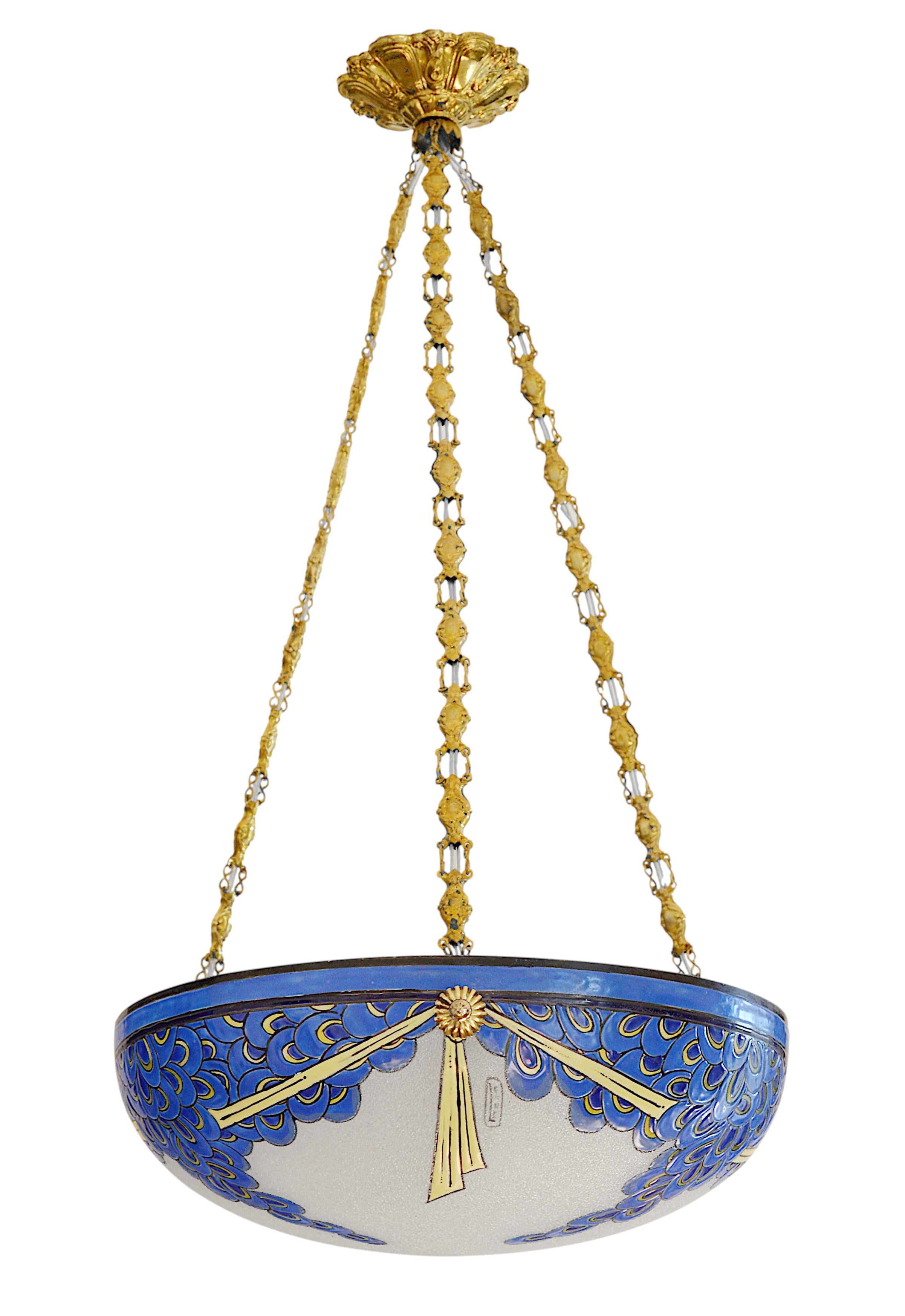 Rare French Art Deco Pendant Chandelier by Auguste HEILIGENSTEIN (1891-1976) for Maison LEUNE, Paris, circa 1920

This exceptional French Art Deco pendant chandelier was designed by renowned artist Auguste Heiligenstein during his tenure at Maison