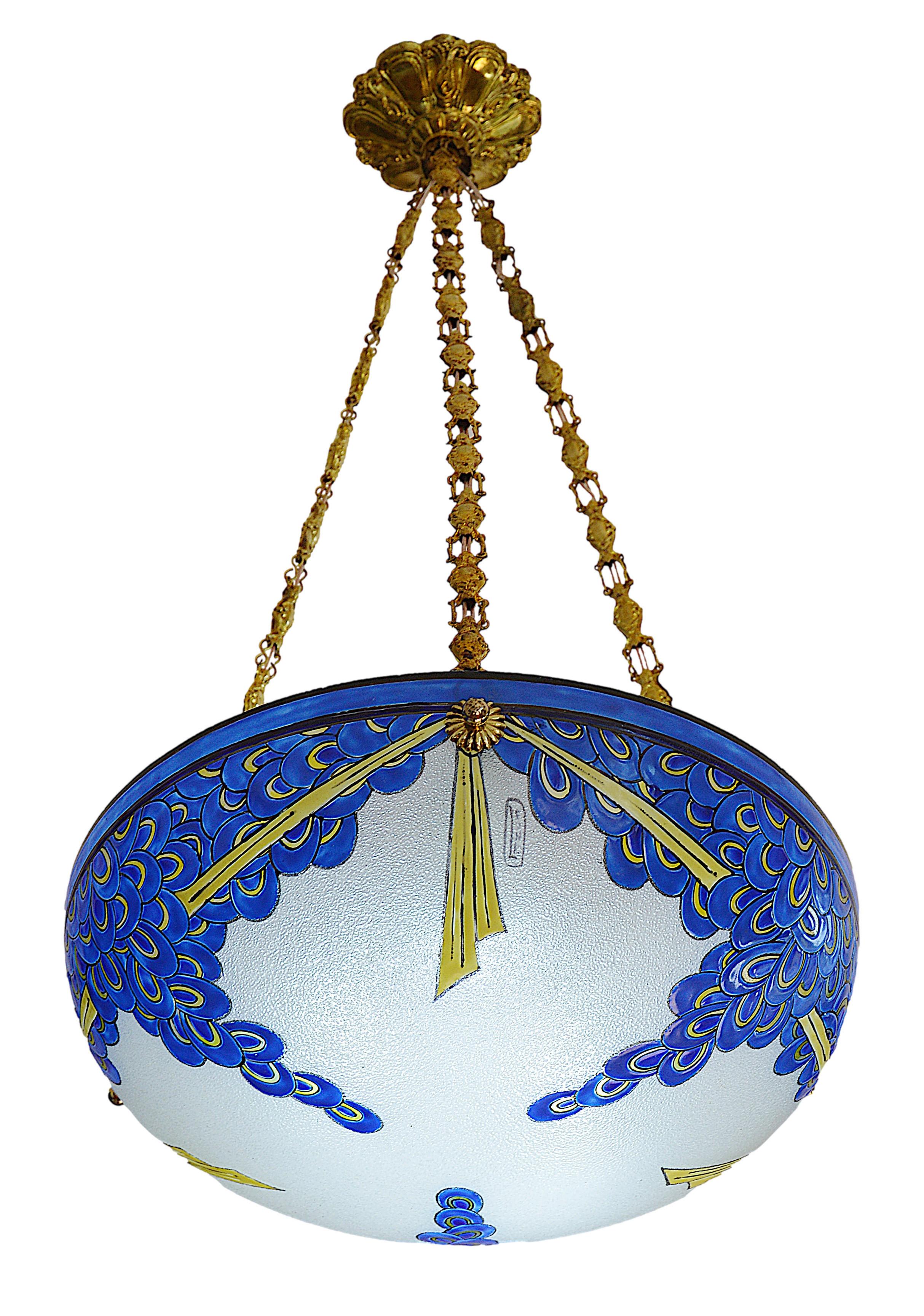 Maison Leune French Art Deco Enameled Pendant Chandelier, 1920 In Good Condition For Sale In Saint-Amans-des-Cots, FR