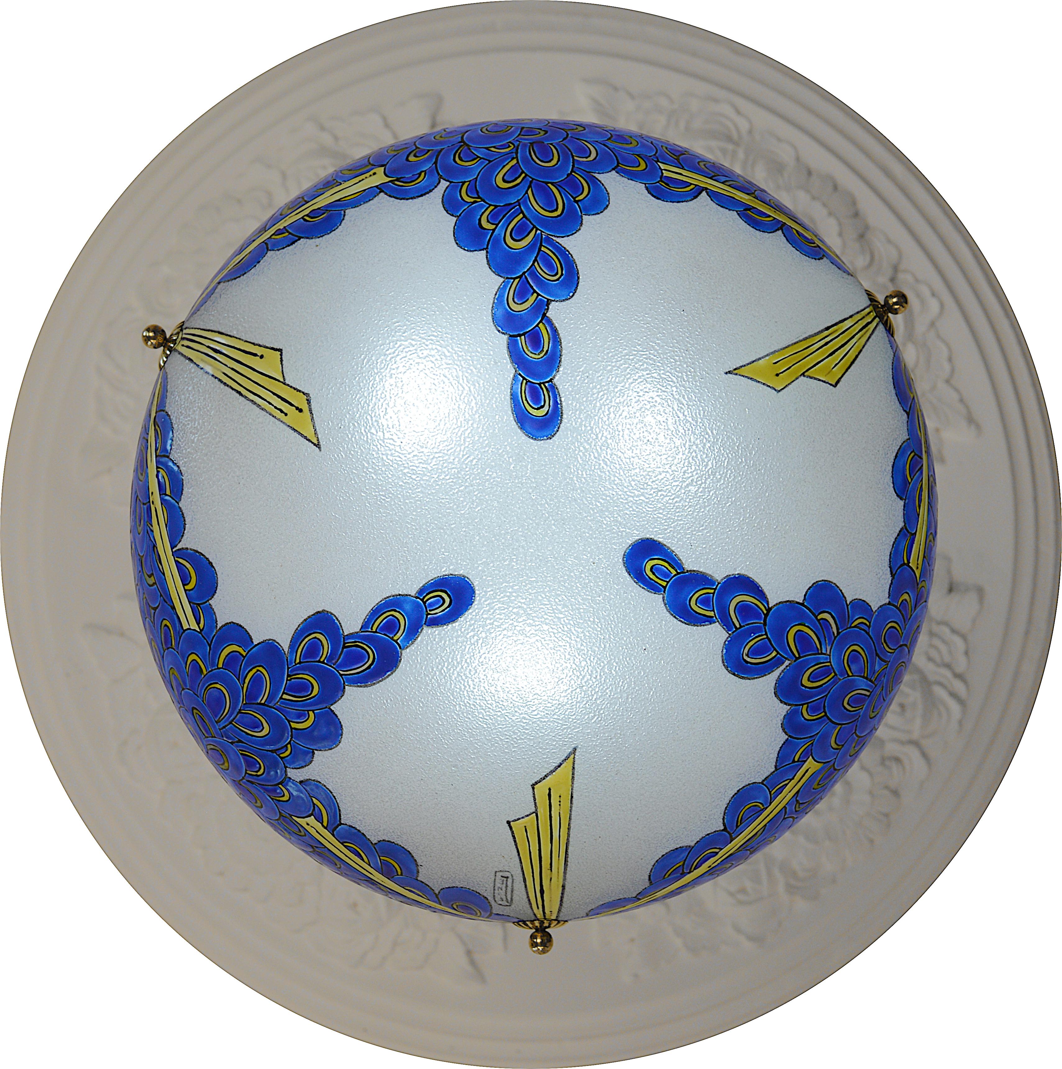Early 20th Century Maison Leune French Art Deco Enameled Pendant Chandelier, 1920 For Sale