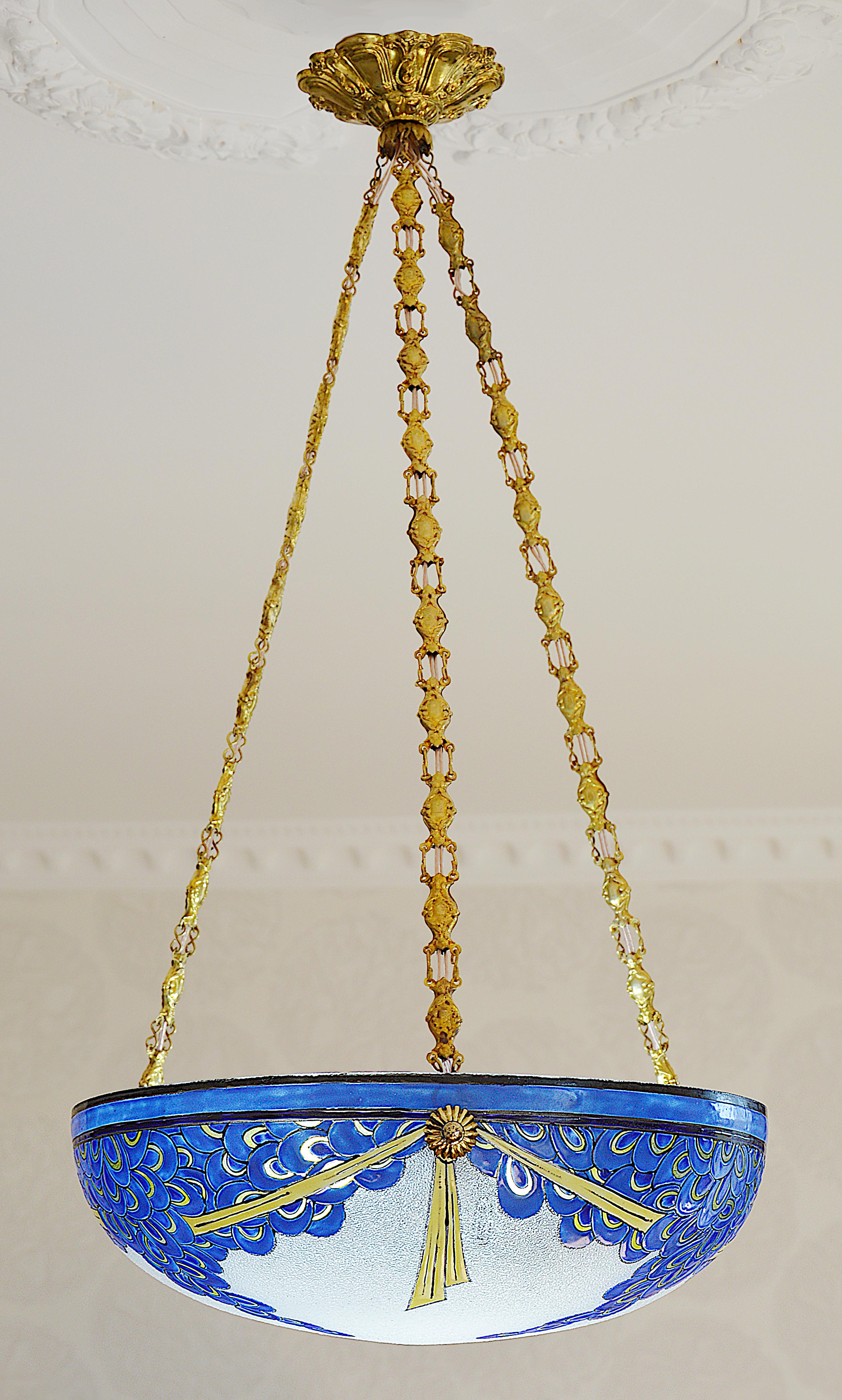 Brass Maison Leune French Art Deco Enameled Pendant Chandelier, 1920 For Sale