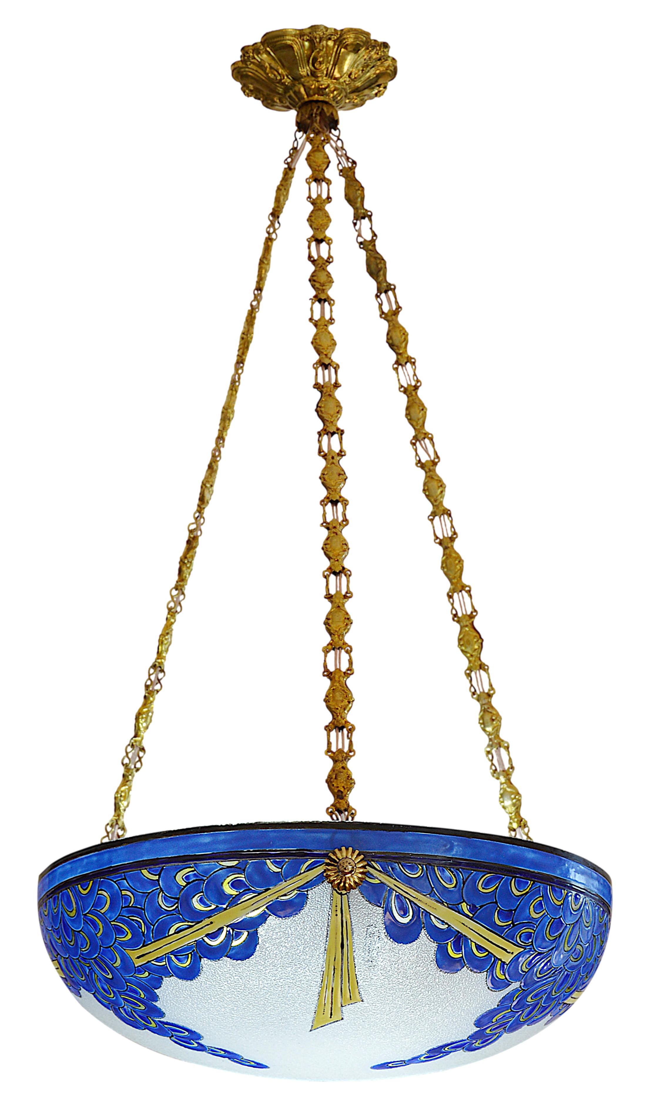 Maison Leune French Art Deco Enameled Pendant Chandelier, 1920 For Sale 3
