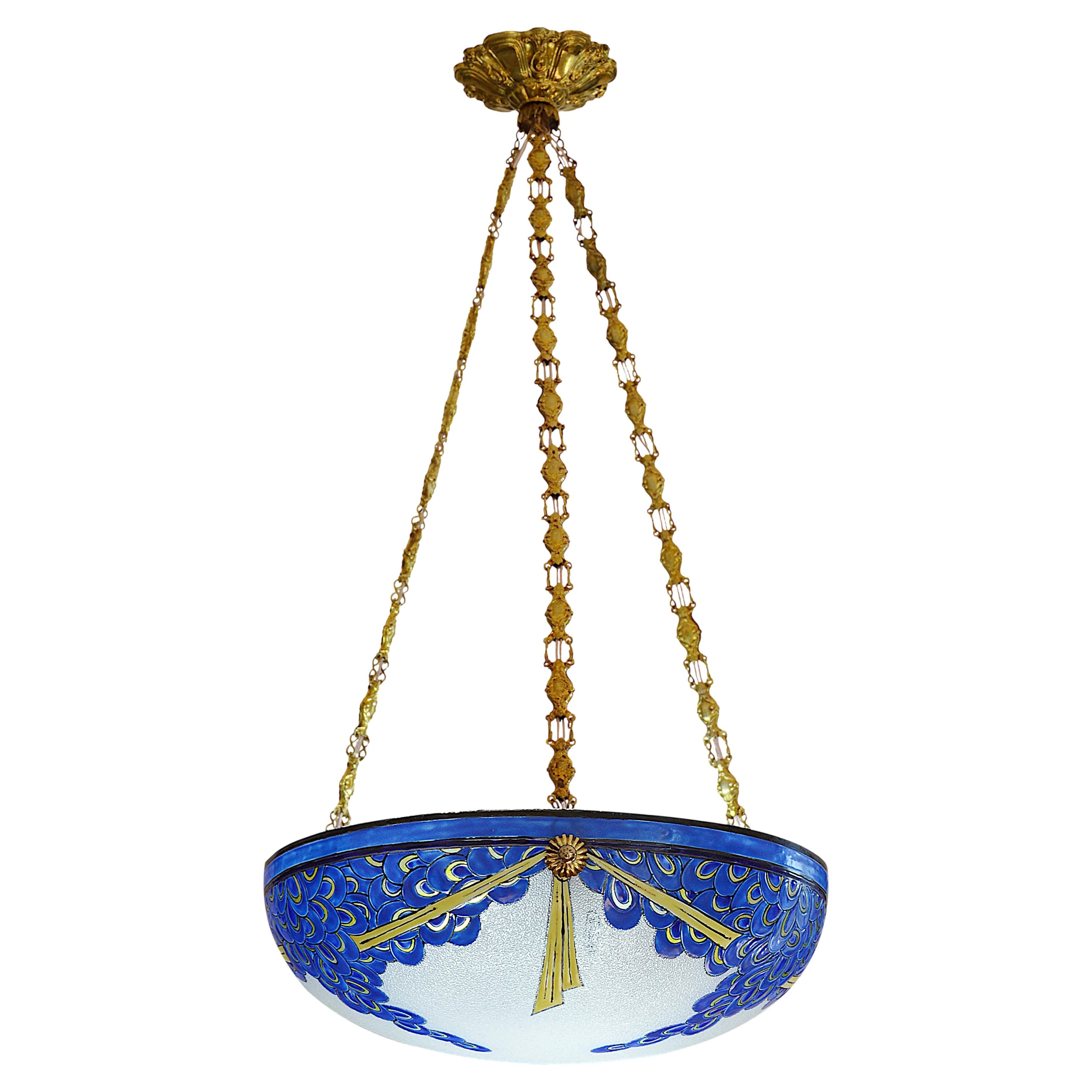 Maison Leune French Art Deco Enameled Pendant Chandelier, 1920 For Sale