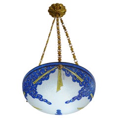 Antique Maison Leune French Art Deco Enameled Pendant Chandelier, 1920