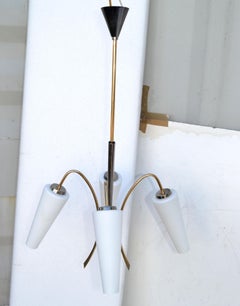 Maison Lunel Chandelier 2 Tone Brass & Opaline Shade France Mid-Century Modern