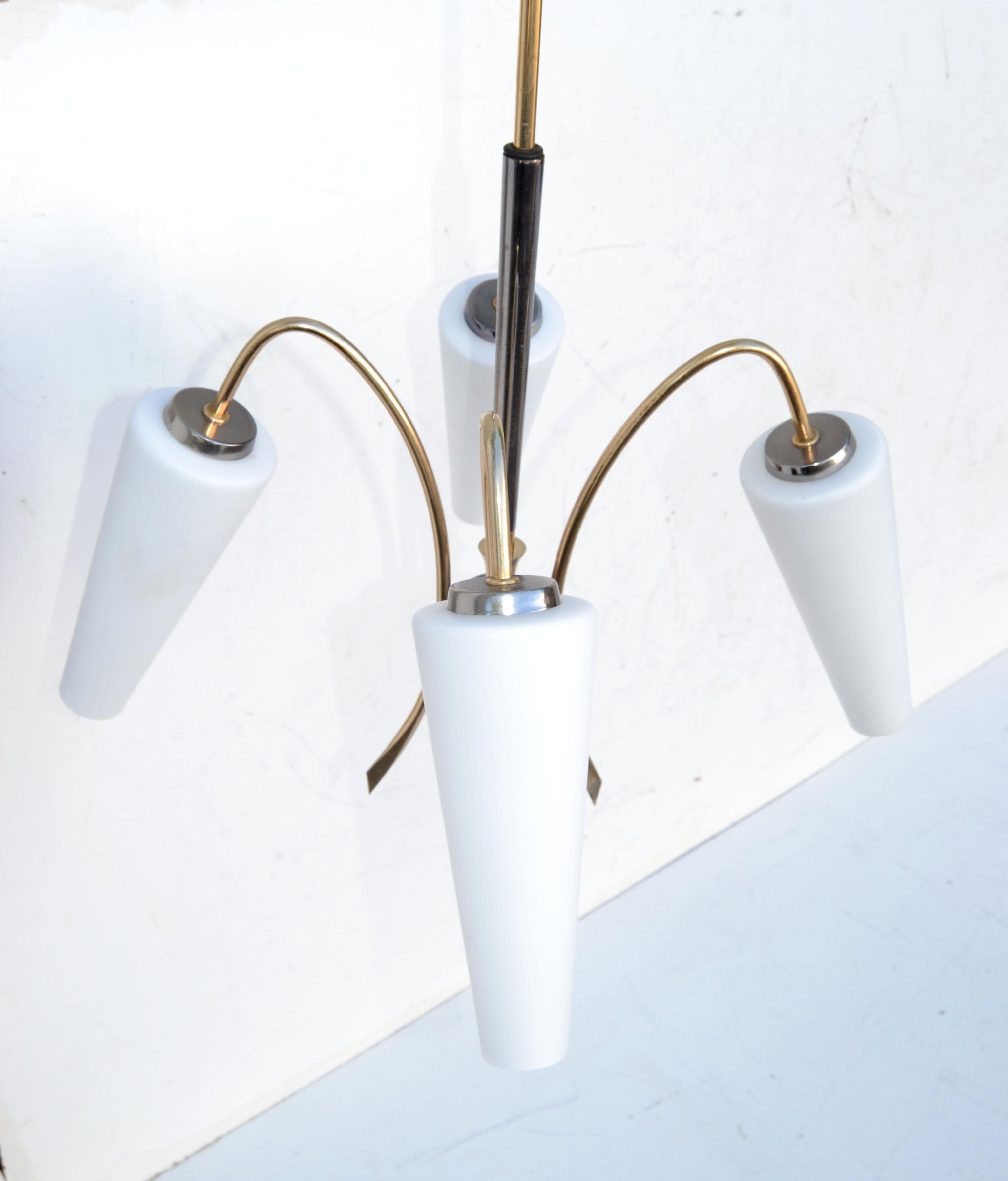 French Maison Lunel Chandelier 2 Tone Brass & Opaline Shade France Mid-Century Modern For Sale