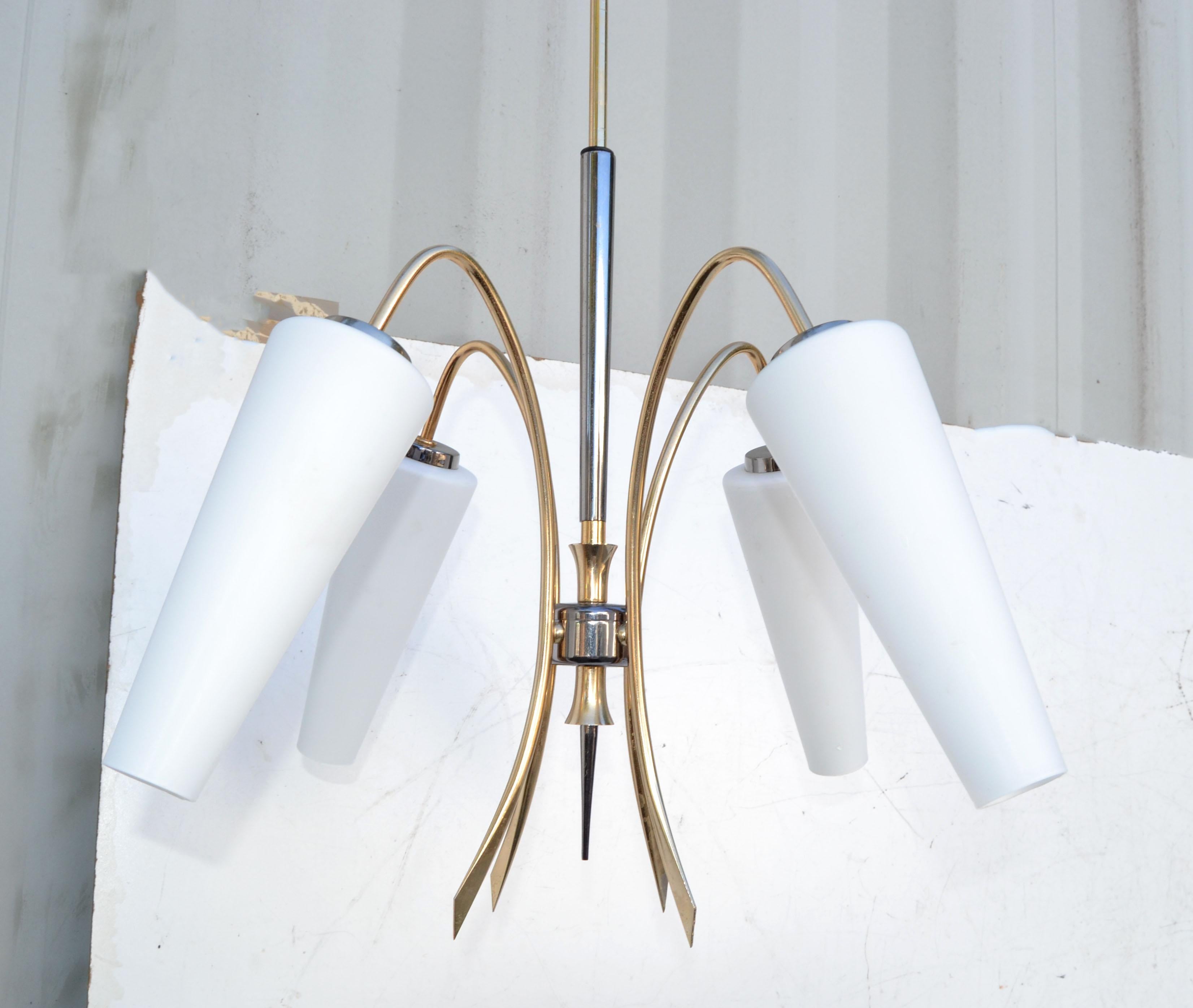 Maison Lunel Chandelier 2 Tone Brass & Opaline Shade France Mid-Century Modern In Good Condition For Sale In Miami, FL