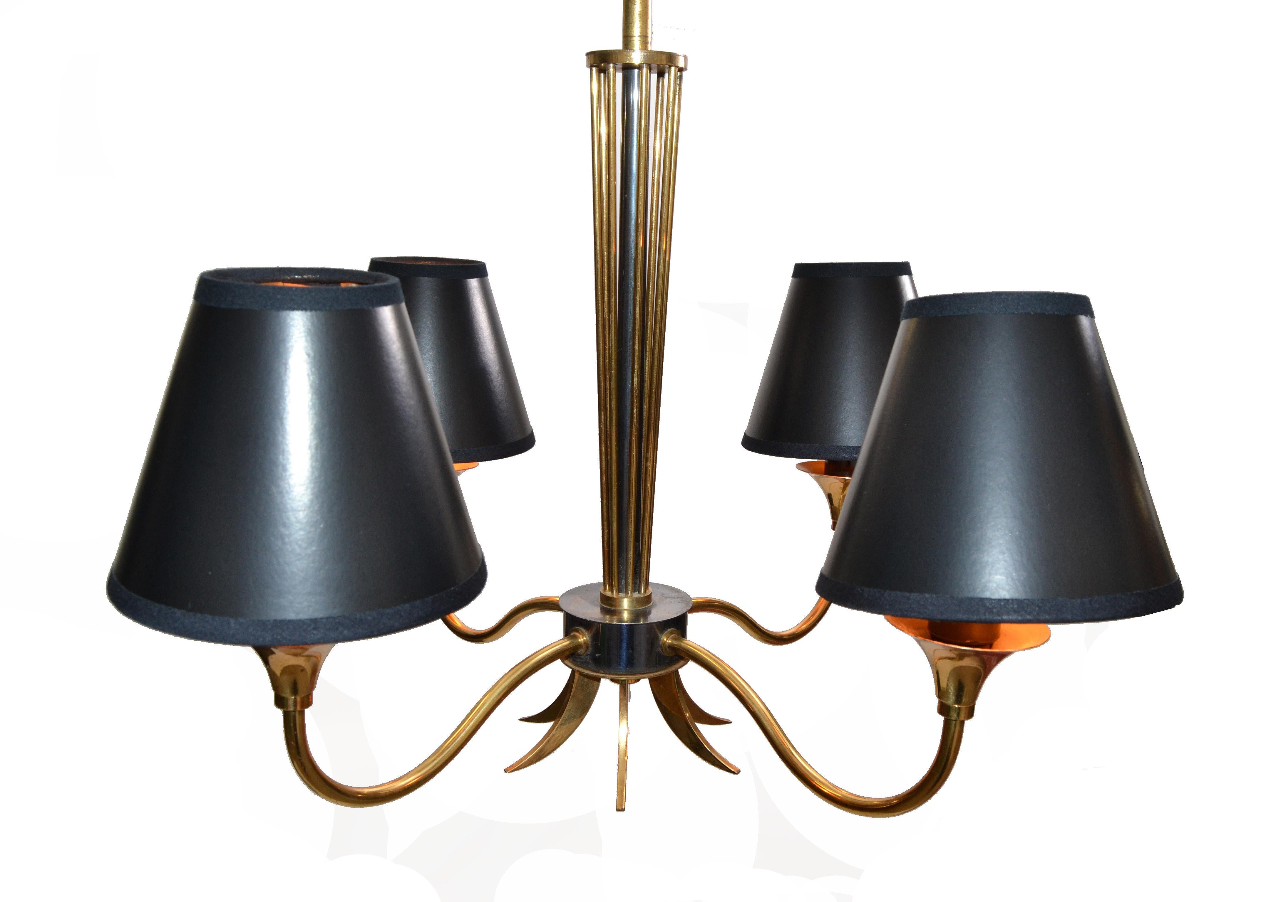 Maison Lunel Four-Light Chandelier Brass and Gun Metal French Mid-Century Modern For Sale 5