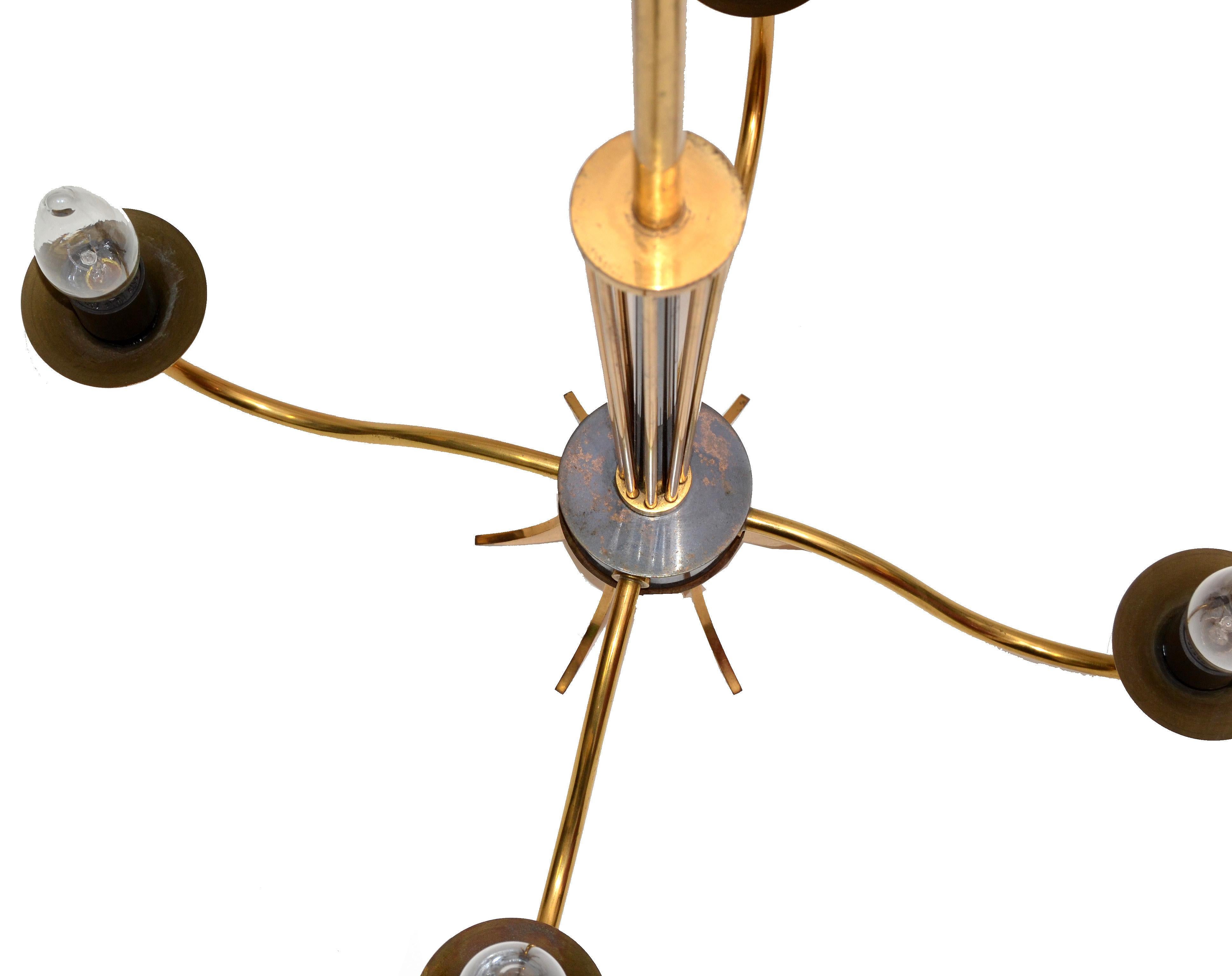 Maison Lunel Four-Light Chandelier Brass and Gun Metal French Mid-Century Modern For Sale 7
