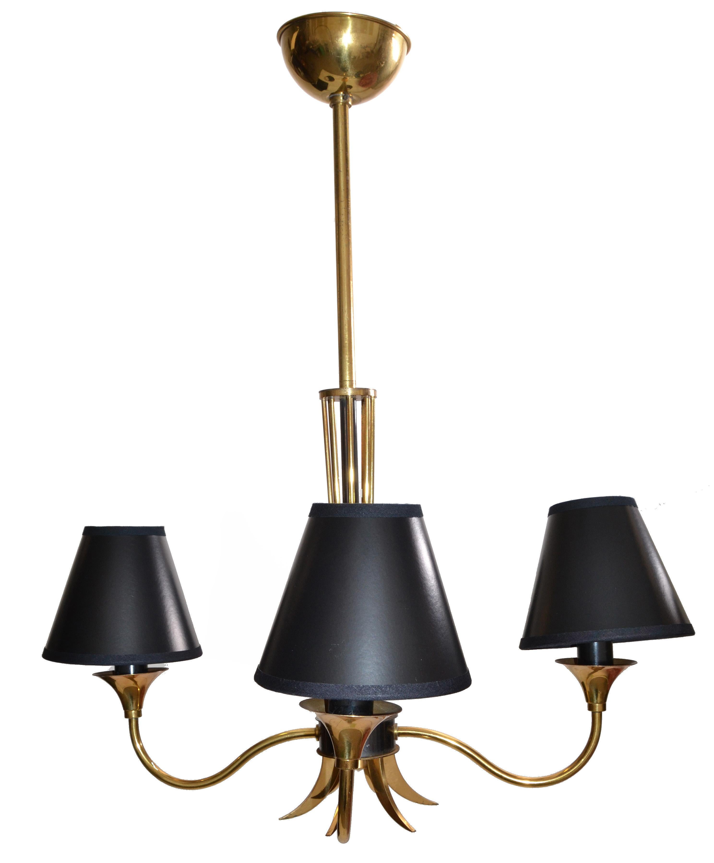 Maison Lunel Four-Light Chandelier Brass and Gun Metal French Mid-Century Modern For Sale 8