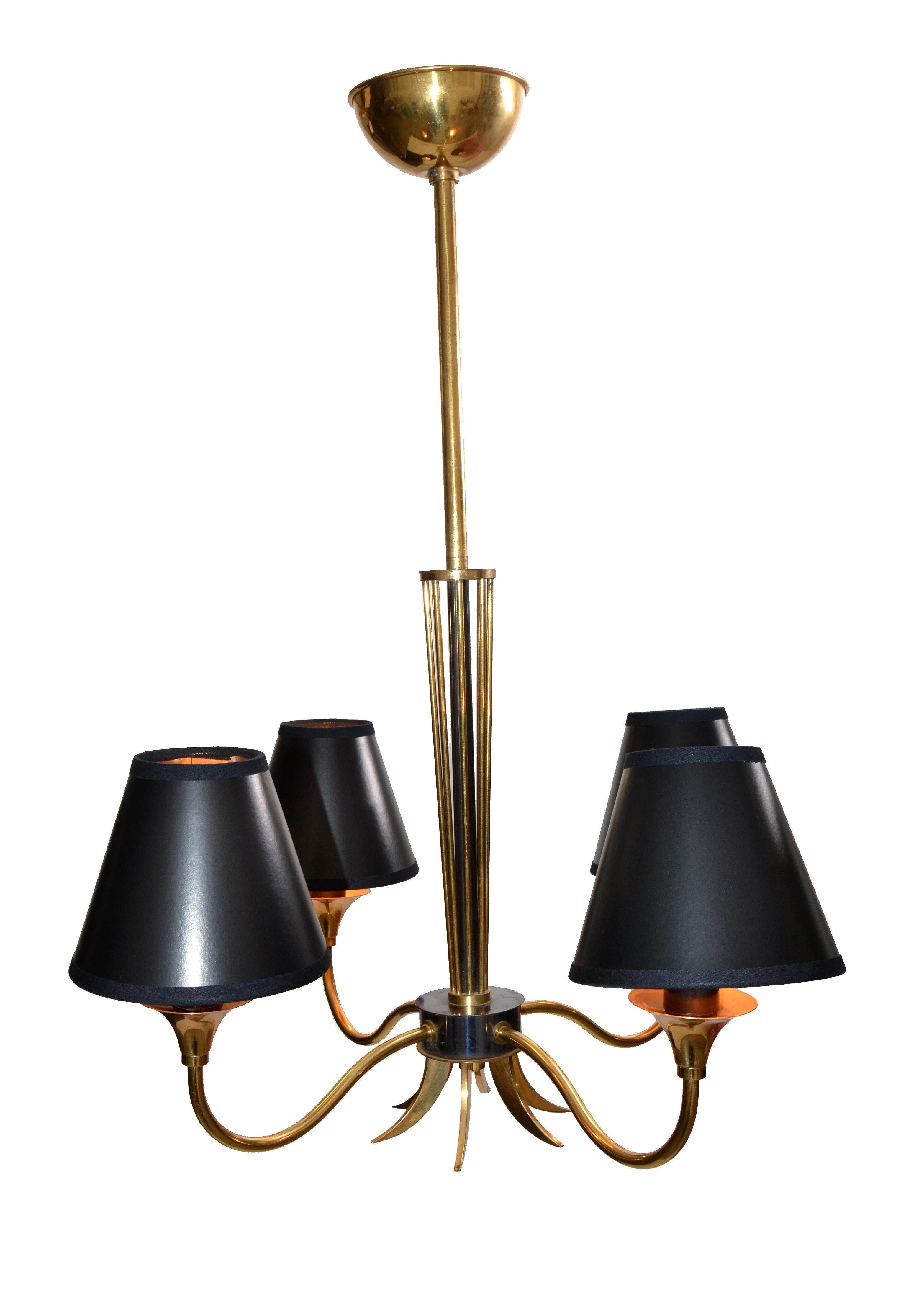 Maison Lunel Four-Light Chandelier Brass and Gun Metal French Mid-Century Modern For Sale 9