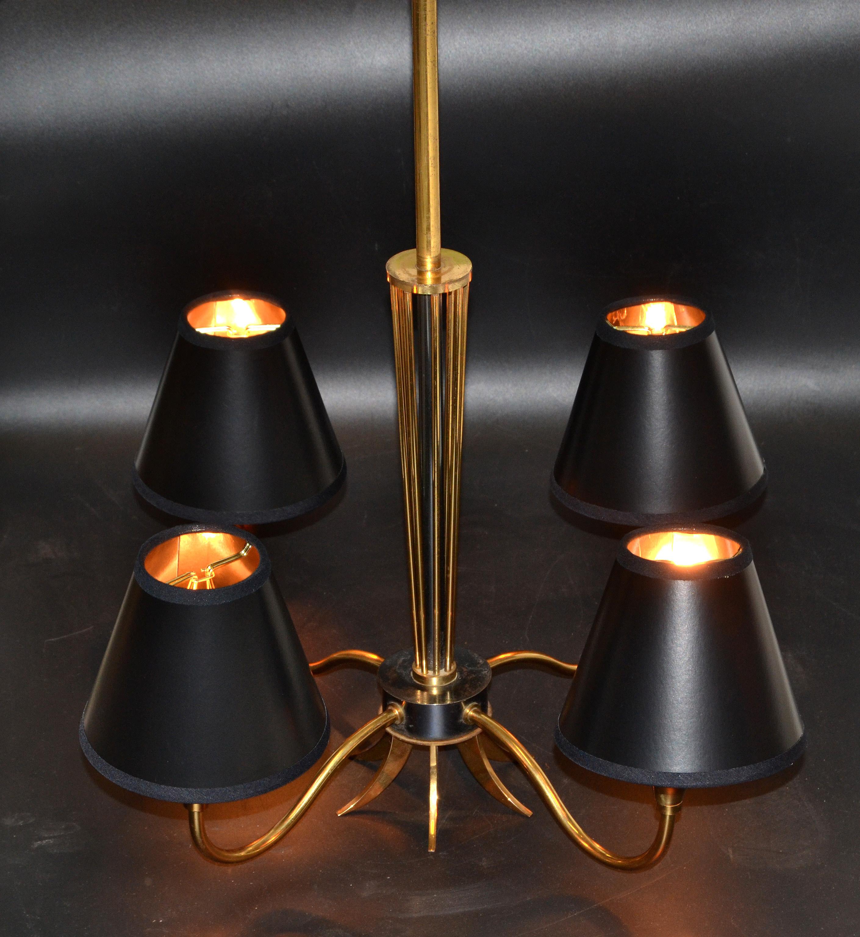 Patinated Maison Lunel Four-Light Chandelier Brass and Gun Metal French Mid-Century Modern For Sale