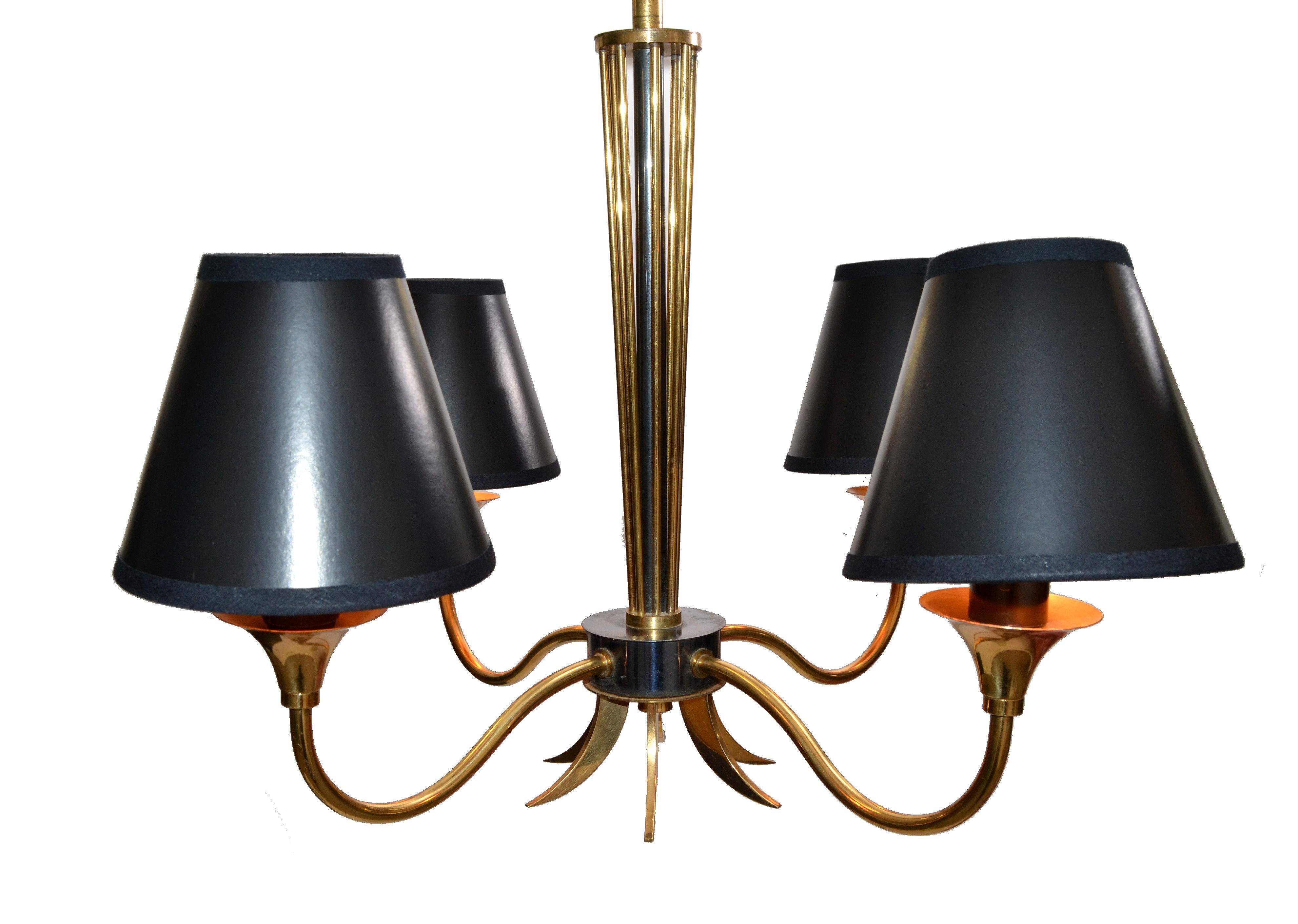 Maison Lunel Four-Light Chandelier Brass and Gun Metal French Mid-Century Modern In Good Condition For Sale In Miami, FL