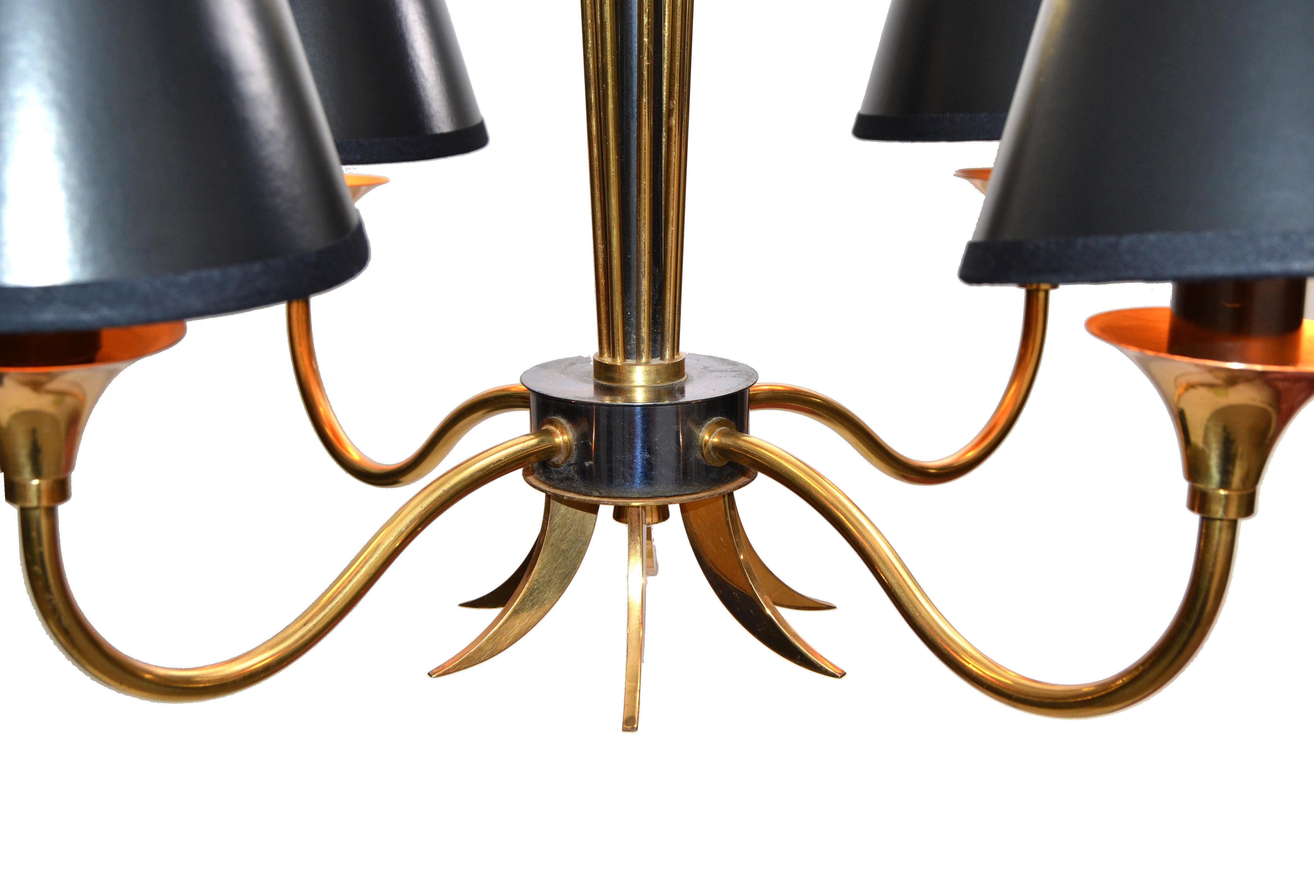 Mid-20th Century Maison Lunel Four-Light Chandelier Brass and Gun Metal French Mid-Century Modern For Sale