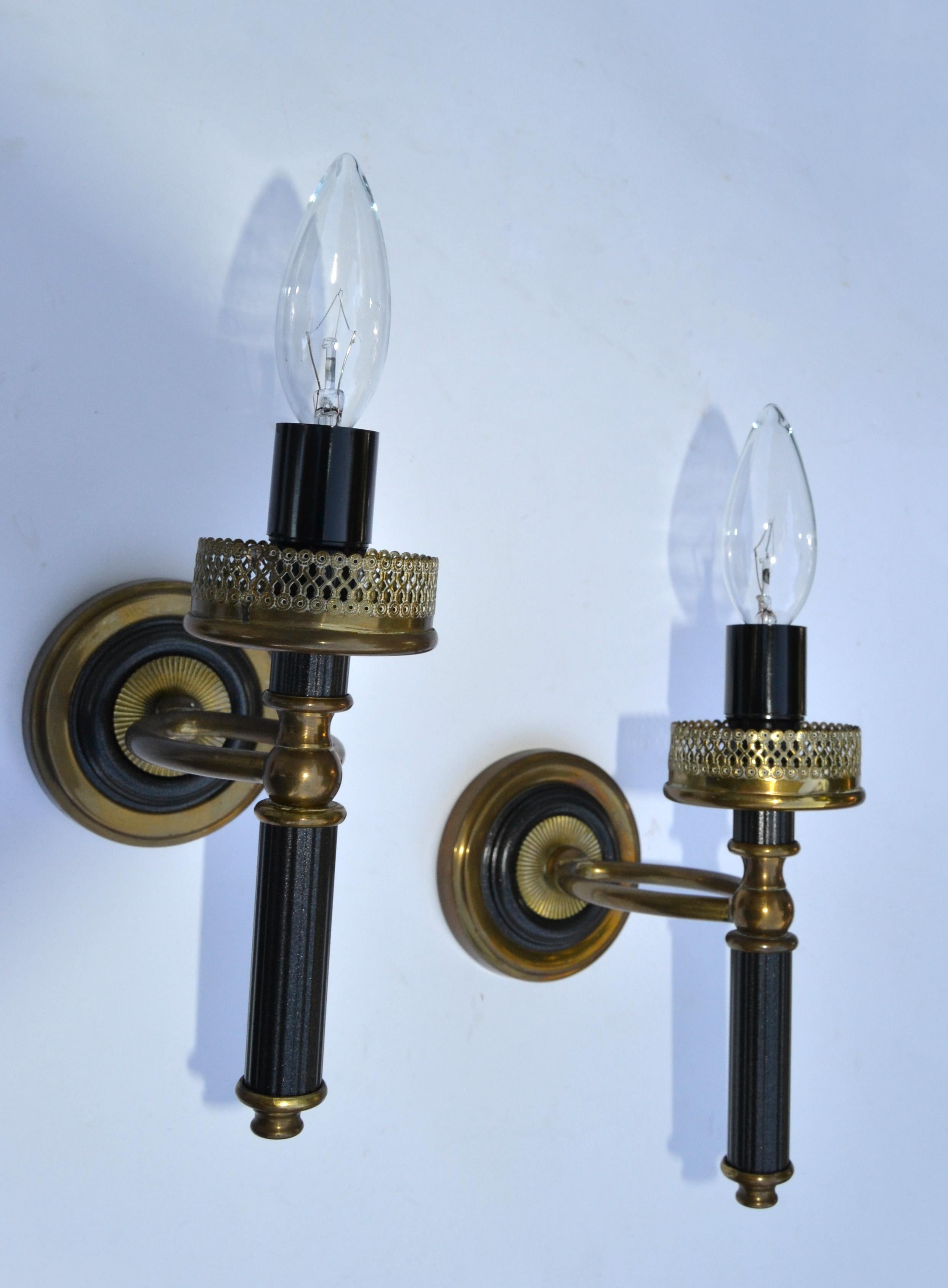 Maison Lunel French Art Deco Two Patina Brass and Gun Metal Wall Sconces, Pair In Good Condition For Sale In Miami, FL